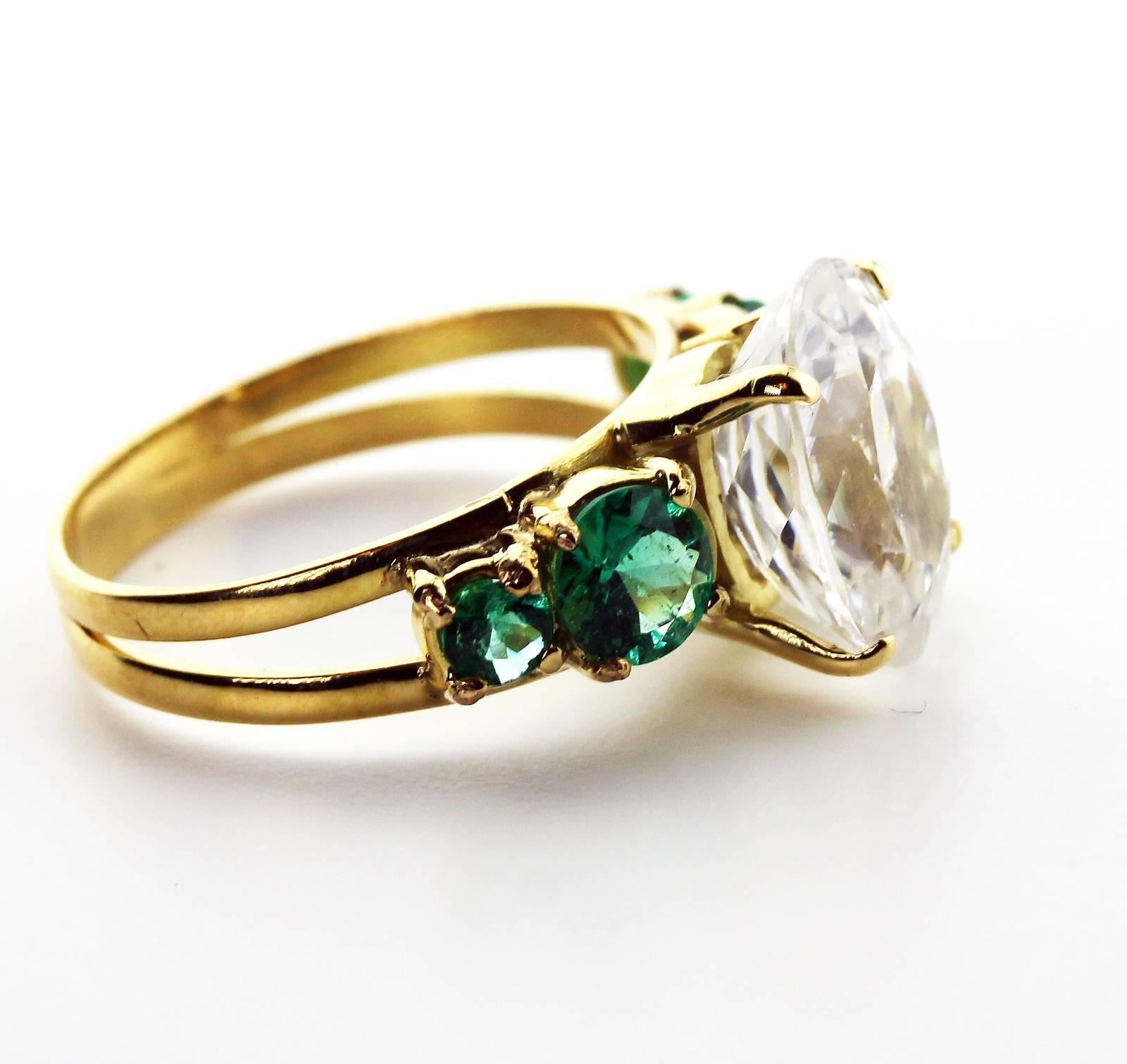 Women's 6.8 Carat White Zircon and Emerald 18Kt Yellow Gold Ring