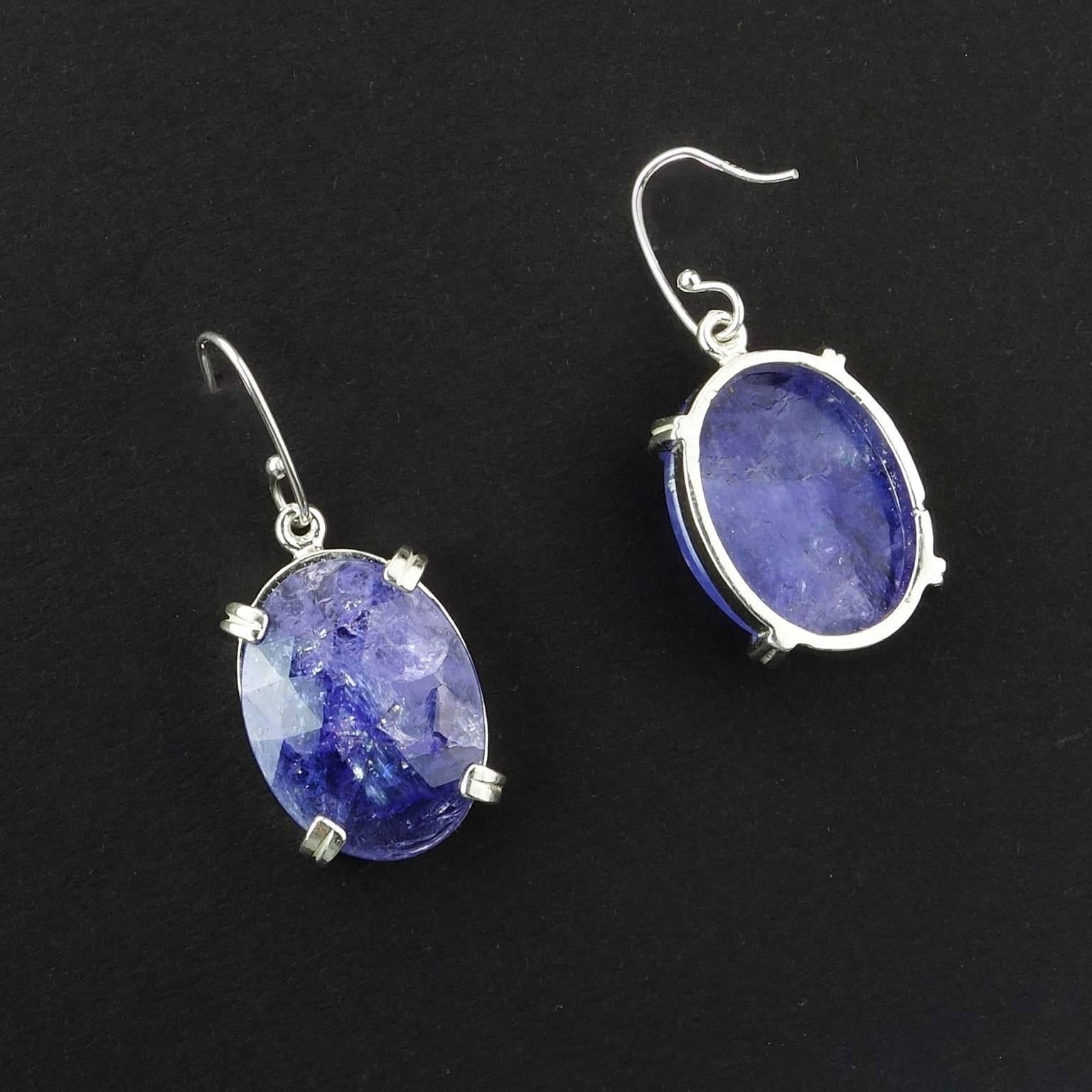 AJD Oval Tanzanite Tablets with Faceted Table in Sterling Silver Earrings In New Condition In Raleigh, NC