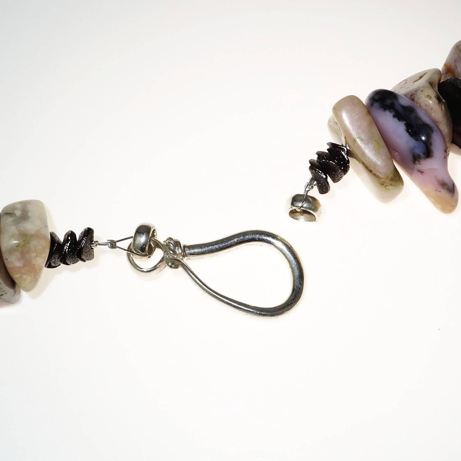Women's or Men's Necklace of Chunky Slices of Pink Peruvian Opal Accented with Black Onyx Rondels