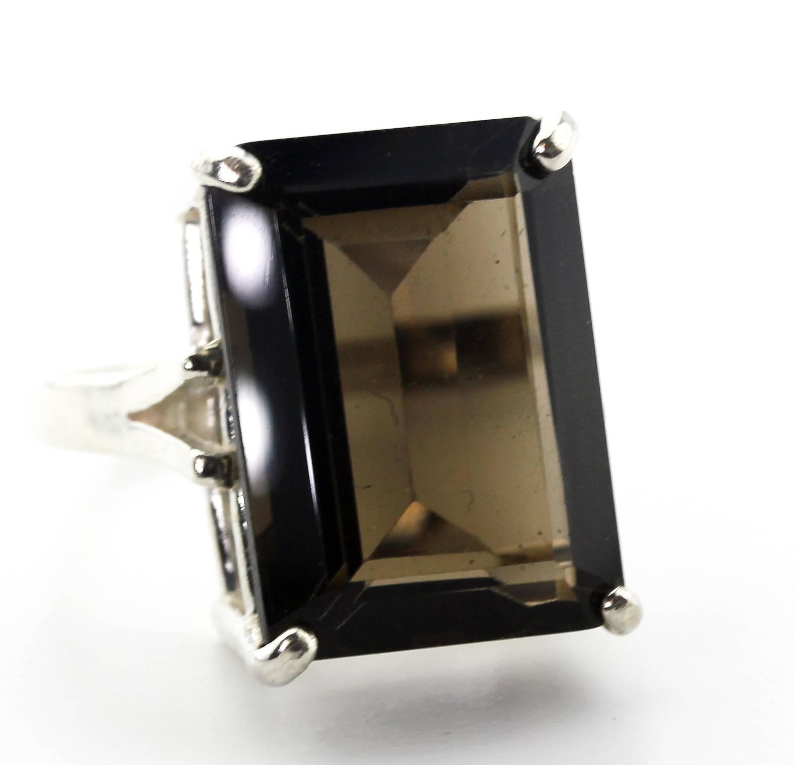 Emerald Cut 13.2 Carat Real Smoky Quartz Sterling Silver Party Ring