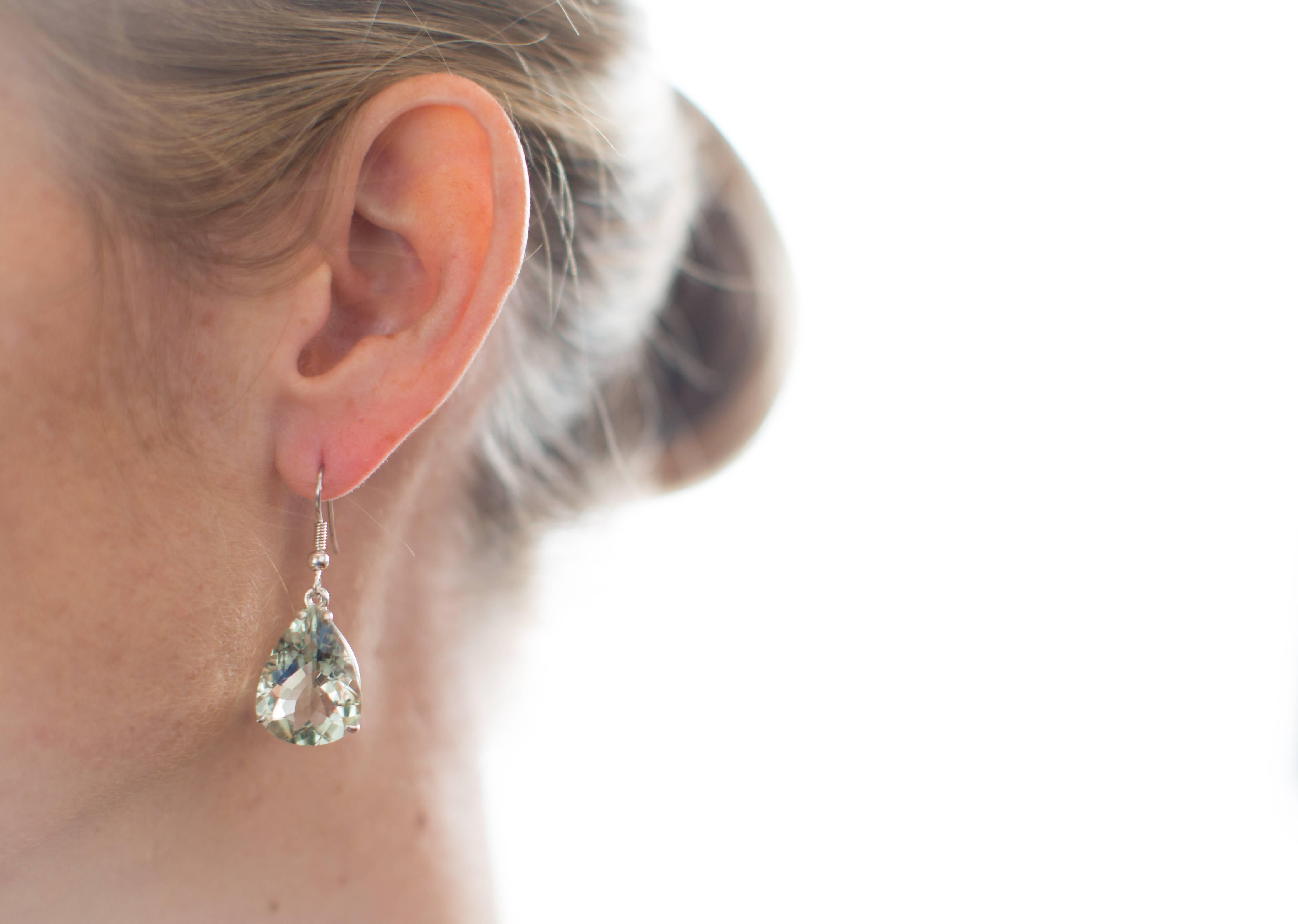 Women's or Men's Sparkling Pear Shape Prasiolite Earrings on Sterling Silver Hooks