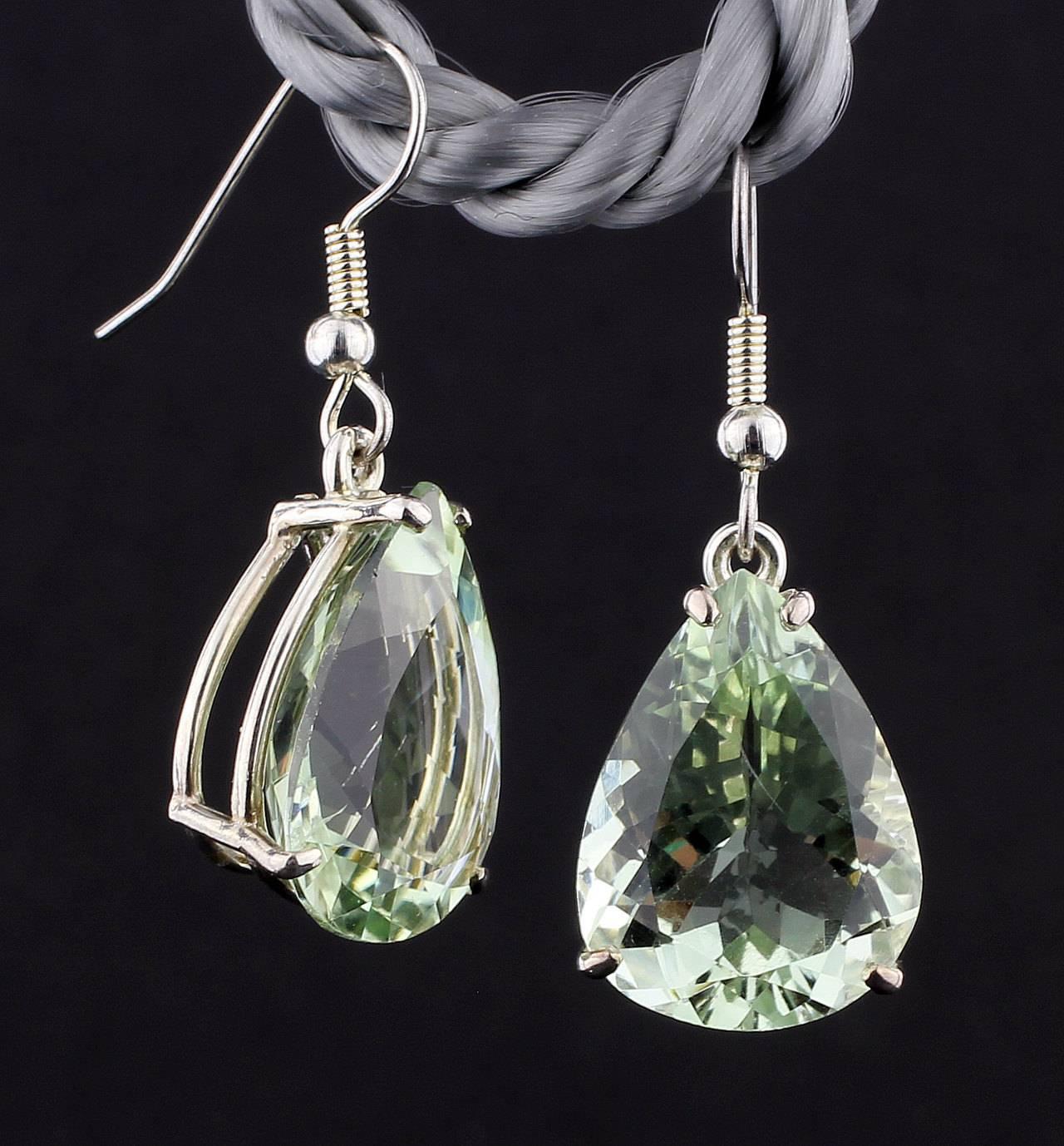 Sparkling Pear Shape Prasiolite Earrings on Sterling Silver Hooks In Excellent Condition In Raleigh, NC