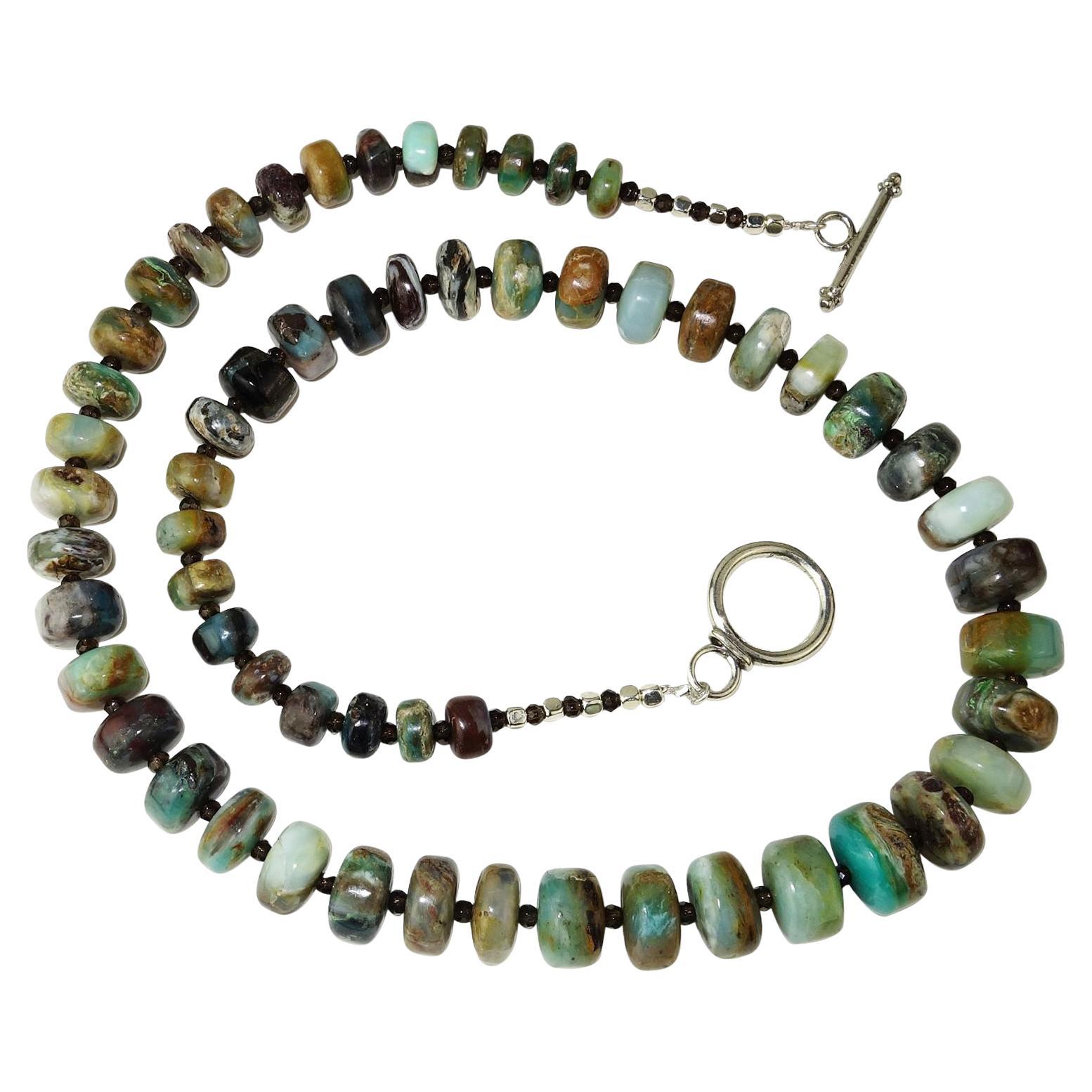 Abgestufte Rondels der peruanischen Opal-Halskette von AJD in Grün und Braun mit Silber im Zustand „Neu“ im Angebot in Raleigh, NC