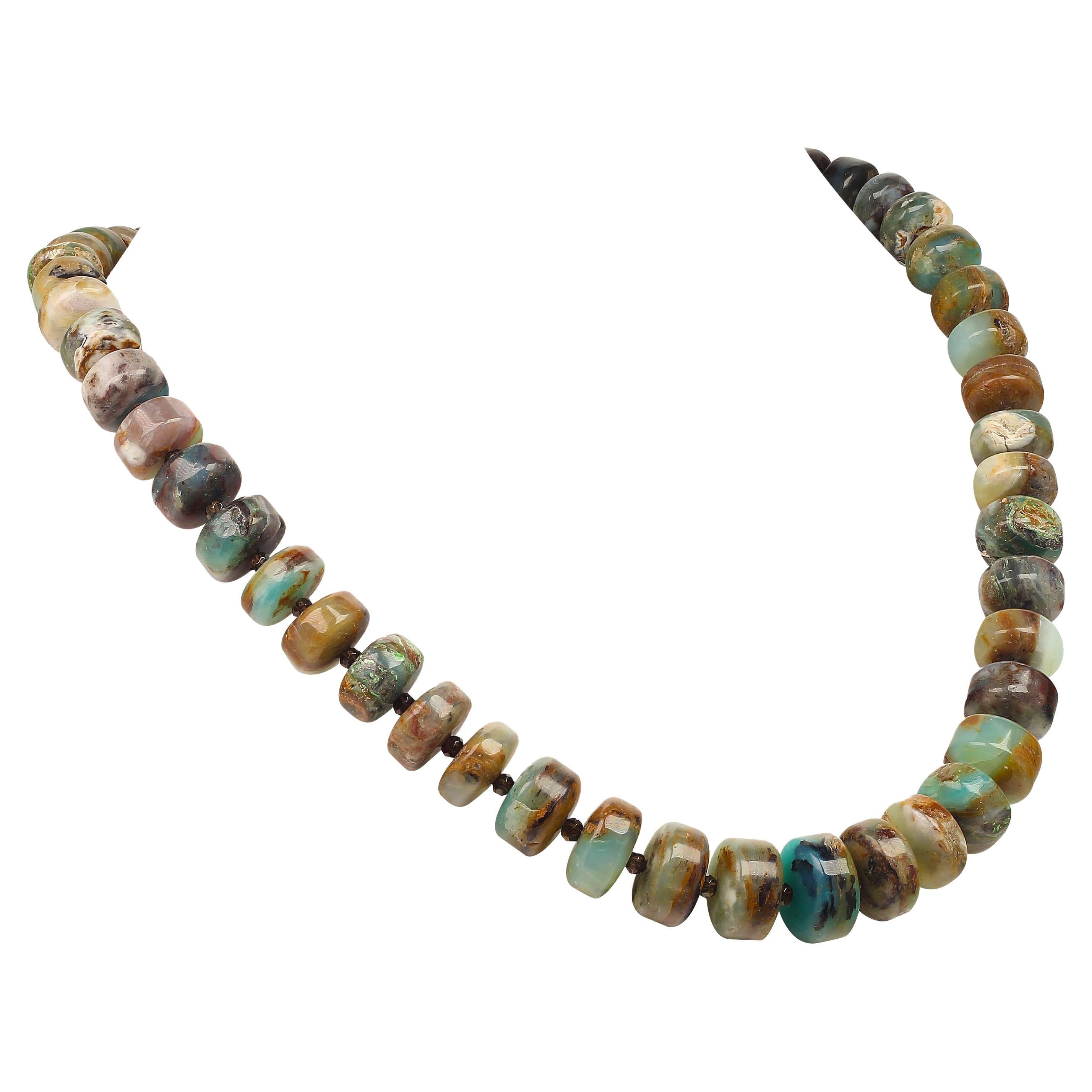 Artisan AJD Green and Brown Graduated Rondels of Peruvian Opal Necklace with Silver For Sale