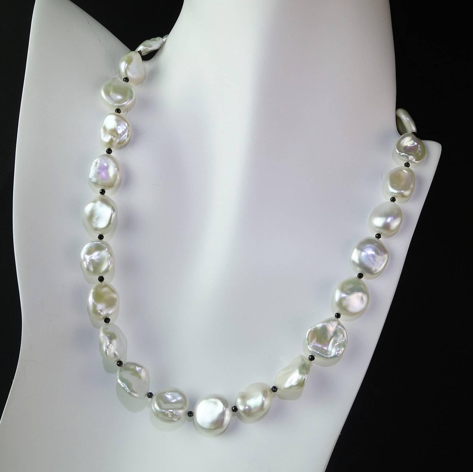 White Iridescent Freshwater Pearls with Black Spinel Accents Necklace 2