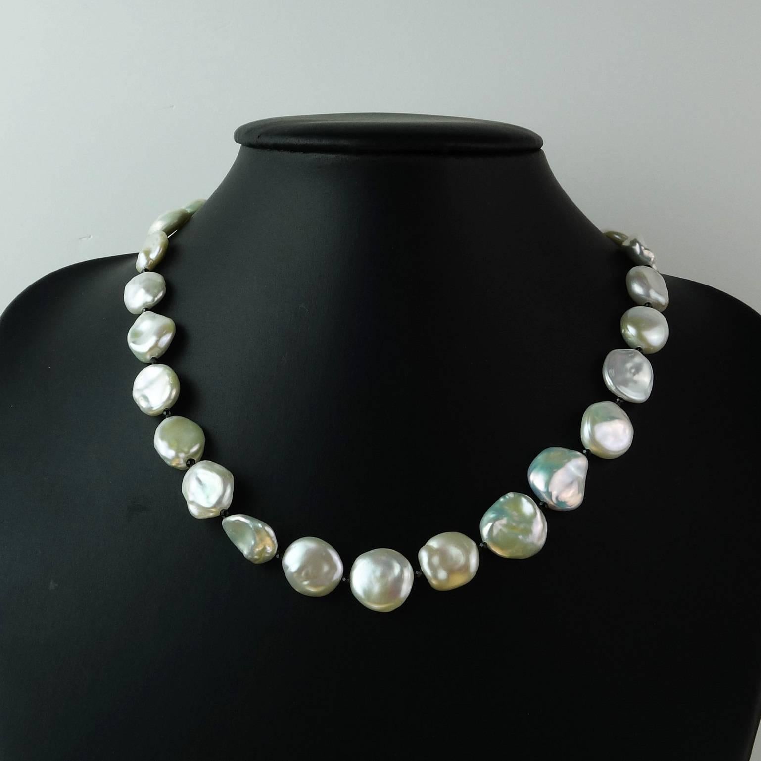 White Iridescent Freshwater Pearls with Black Spinel Accents Necklace 3