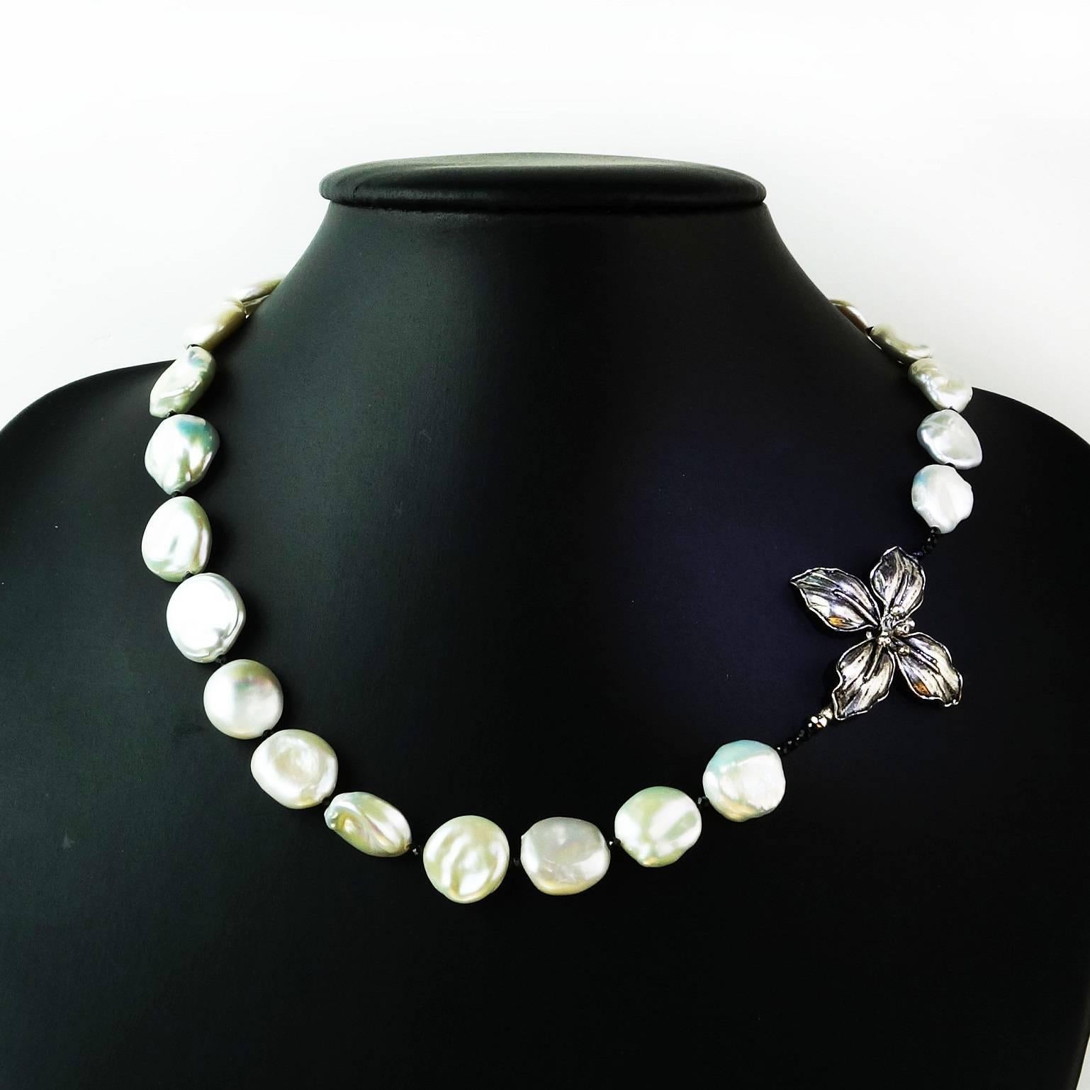 Women's White Iridescent Freshwater Pearls with Black Spinel Accents Necklace