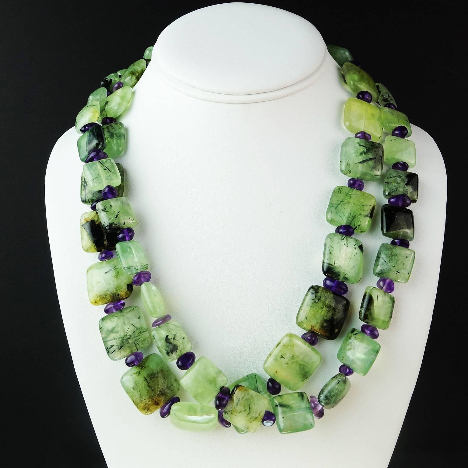 Double Strand of Brazilian Prehnite and Amethyst Necklace In New Condition In Raleigh, NC