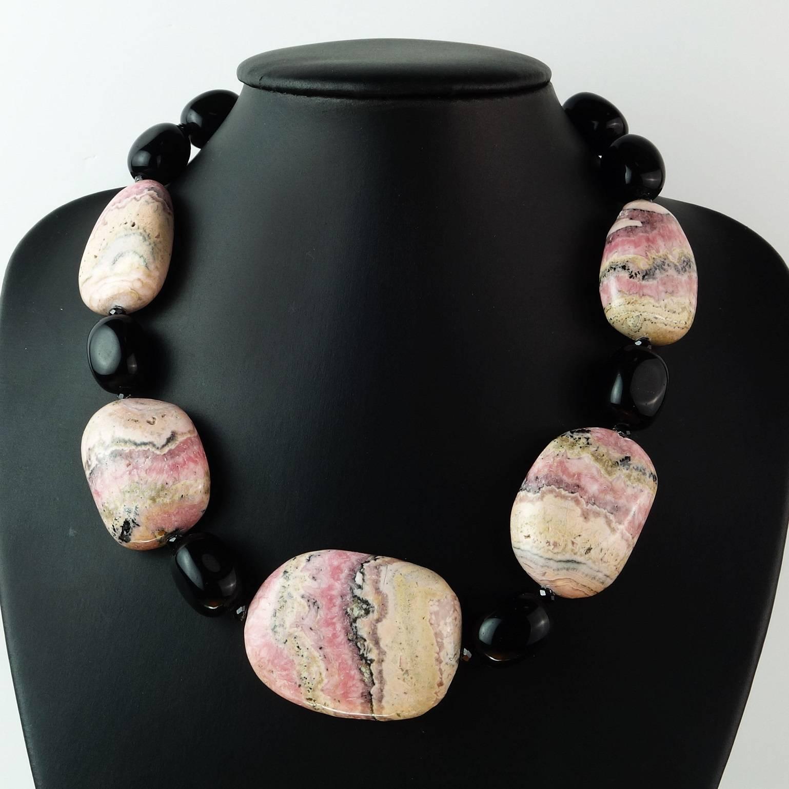 Bead  Argentine Rhodochrosite and Black Onyx Gemjunky Necklace with Silver Clasp