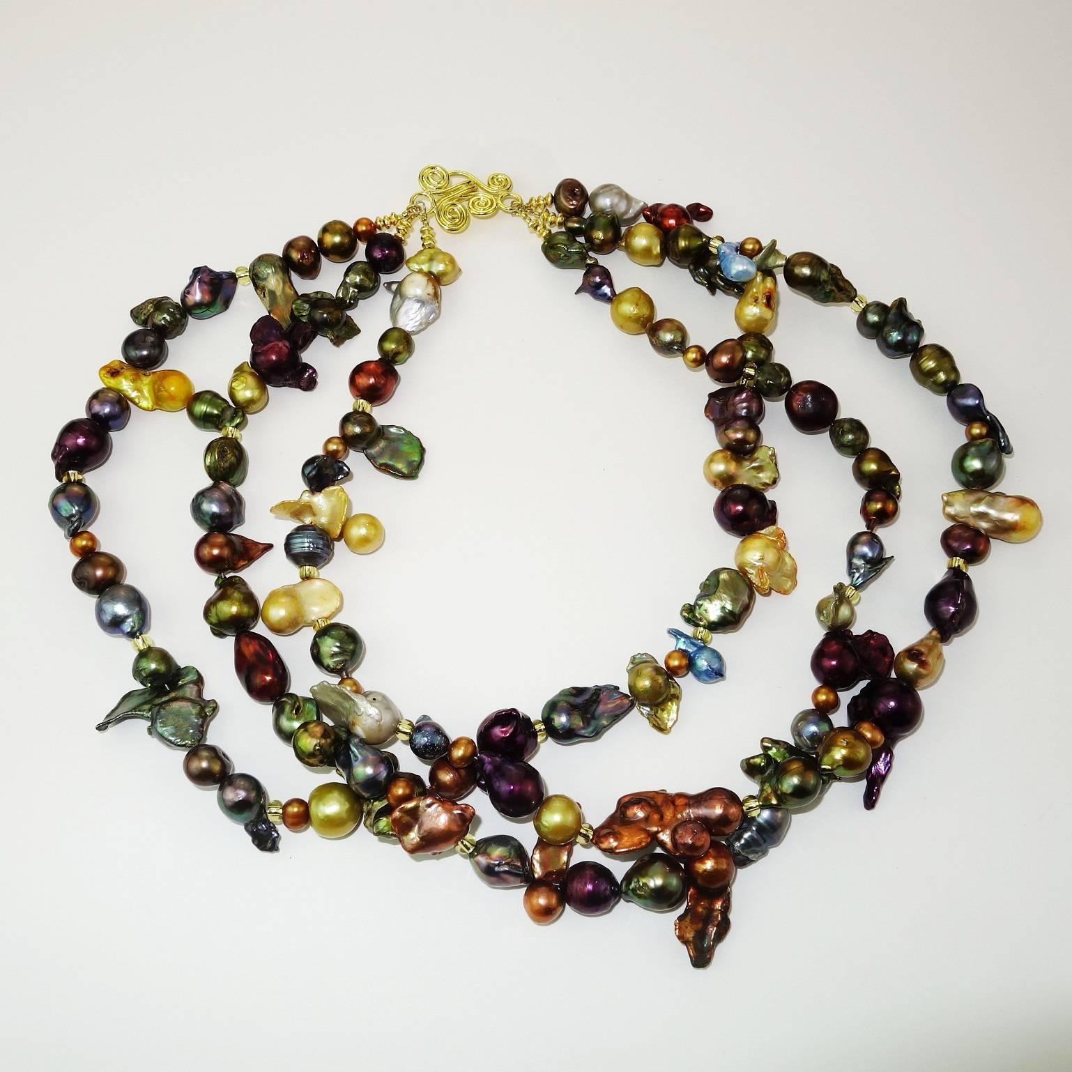 Artisan Triple Strand Multi-Color  Pearl Necklace