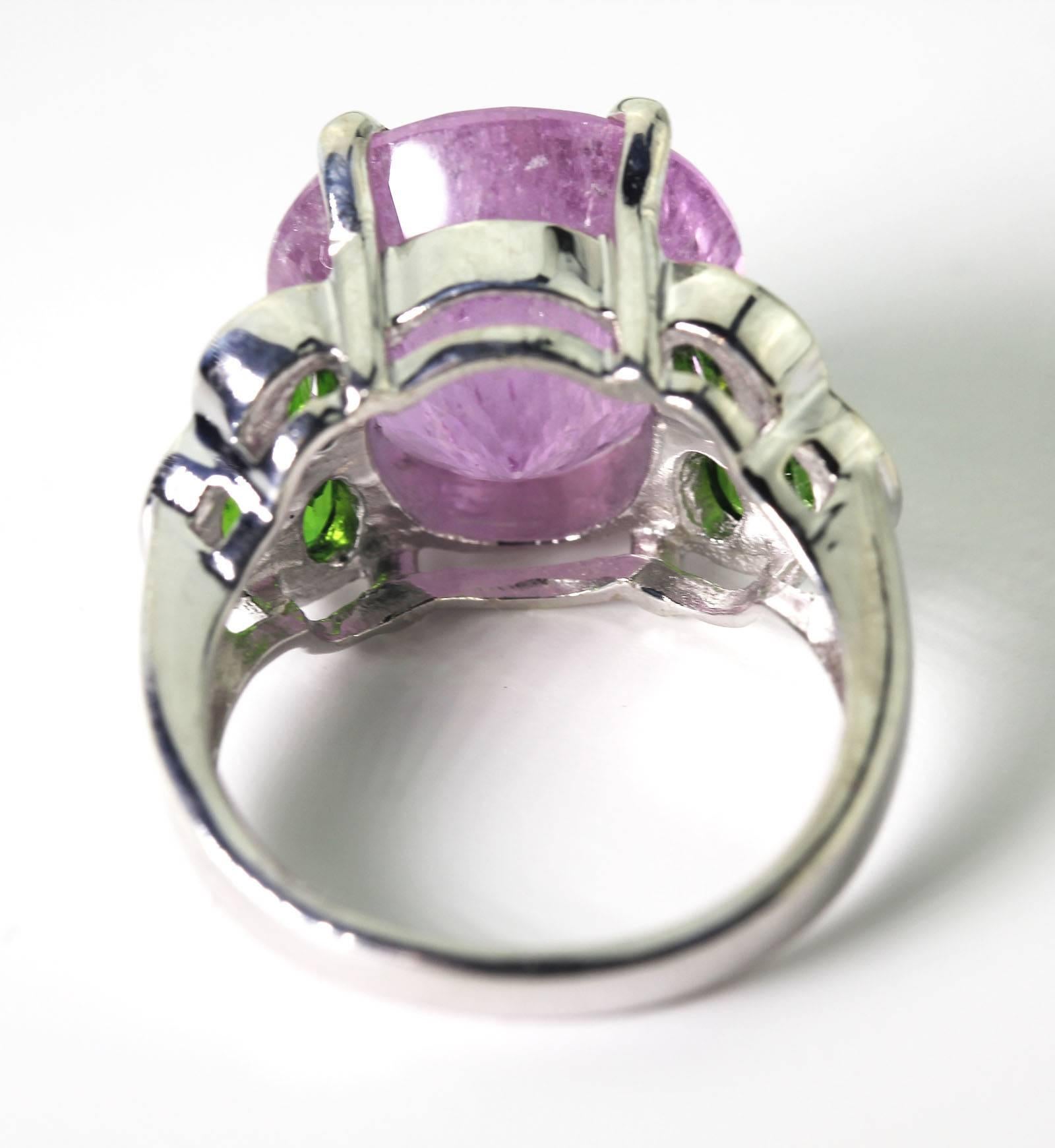 11.82 Carat Sparkling Pink Kunzite + Chrome Diopside Sterling Silver Party Ring In New Condition In Raleigh, NC