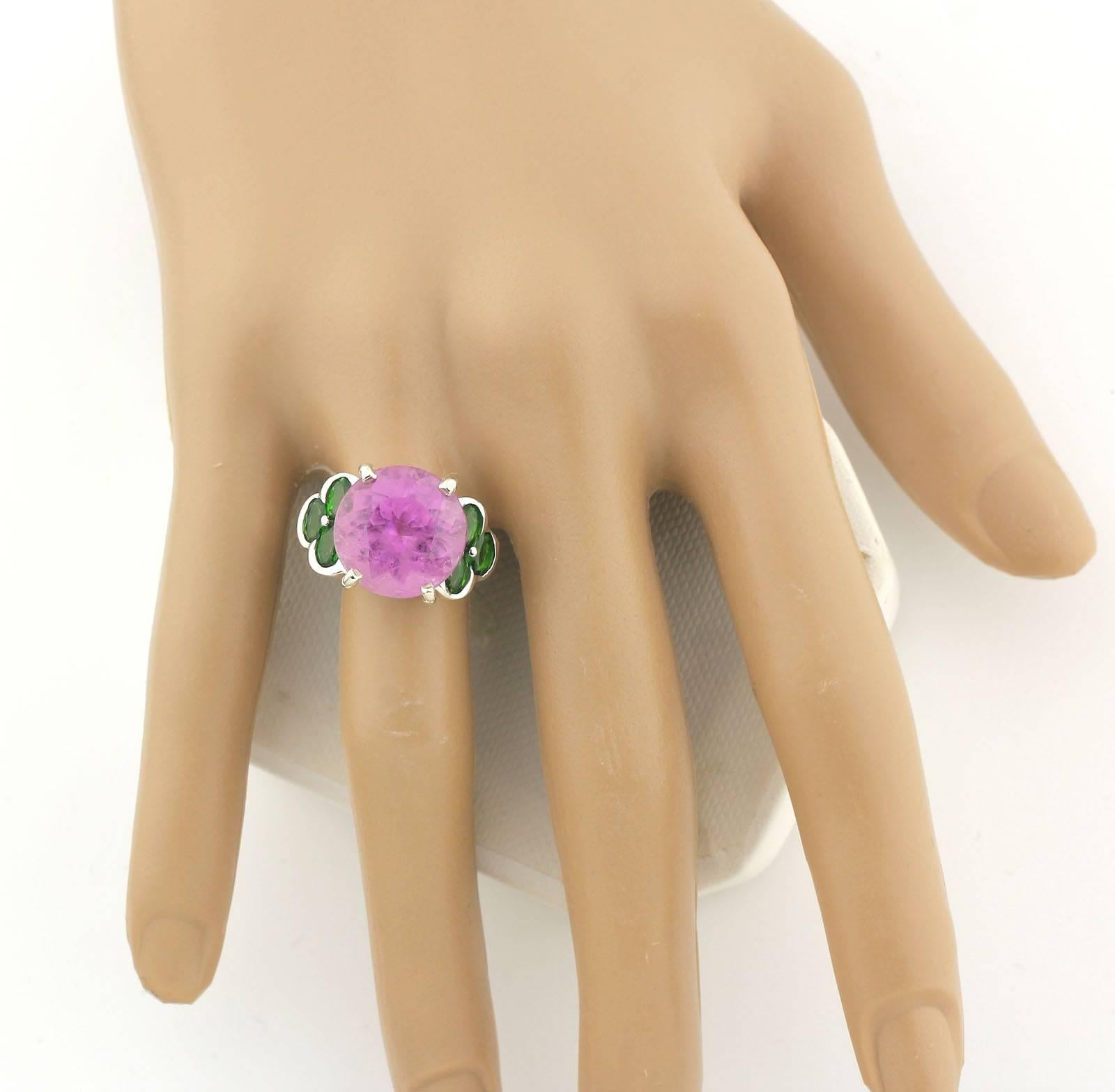 11.82 Carat Sparkling Pink Kunzite + Chrome Diopside Sterling Silver Party Ring 1