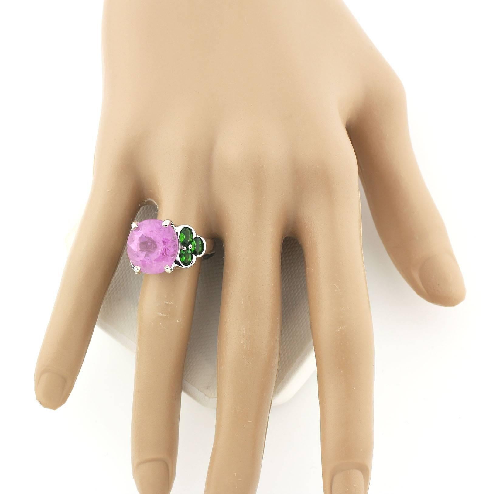 11.82 Carat Sparkling Pink Kunzite + Chrome Diopside Sterling Silver Party Ring 2