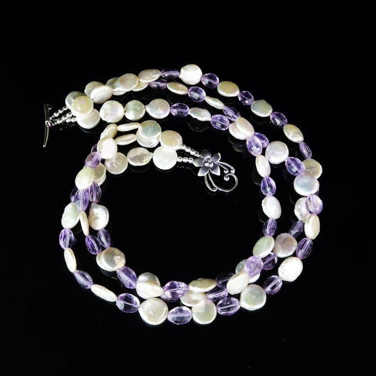 Triple Strand White Coin Pearl and Lilac Amethyst Necklace With ...