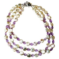 AJD  Triple Strand  Coin Pearl and Lilac Amethyst Necklace   June Birthstone
