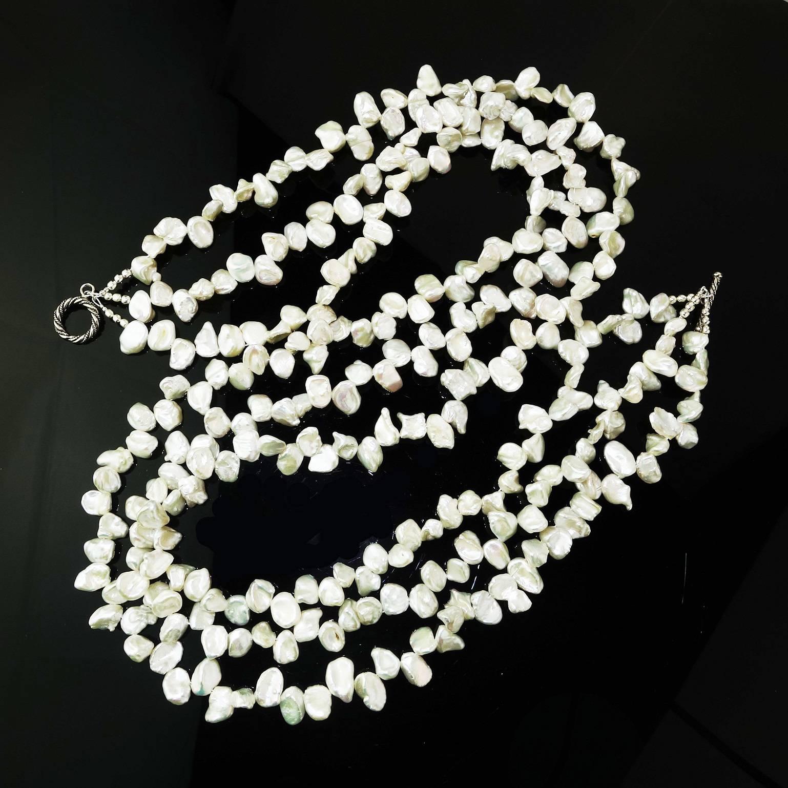 Triple Strand of Iridescent White Biwa Pearl Necklace with Sterling Silver Clasp In New Condition In Raleigh, NC