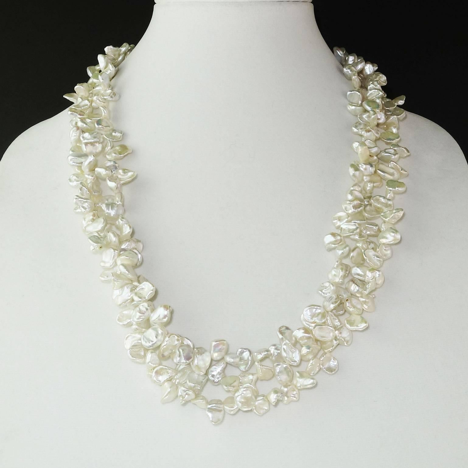 Triple Strand of Iridescent White Biwa Pearl Necklace with Sterling Silver Clasp 1