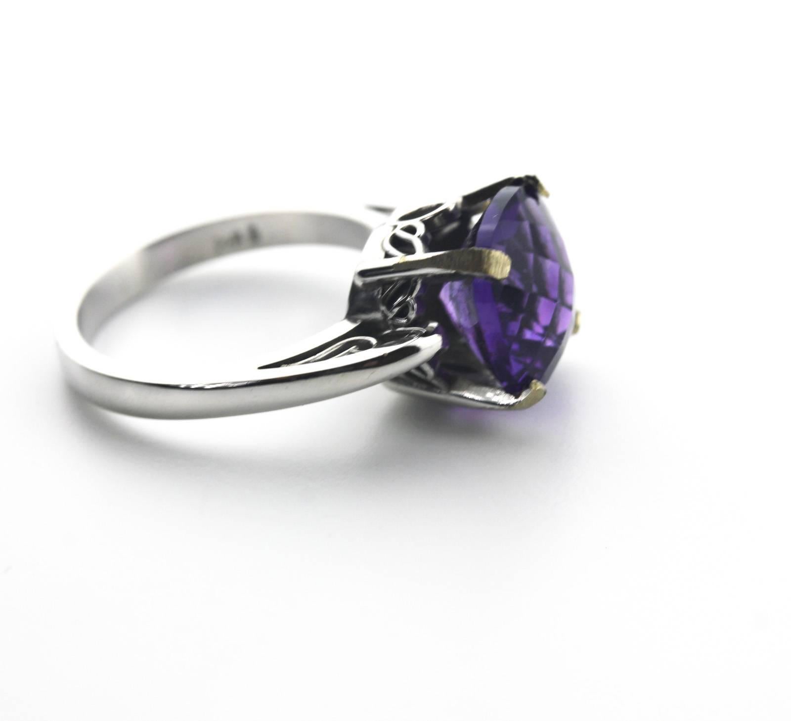 Wonderful gift of sparkling checkerboard cut cushion 3.95 carat natural Amethyst set in White Gold ring size 6 (sizable)