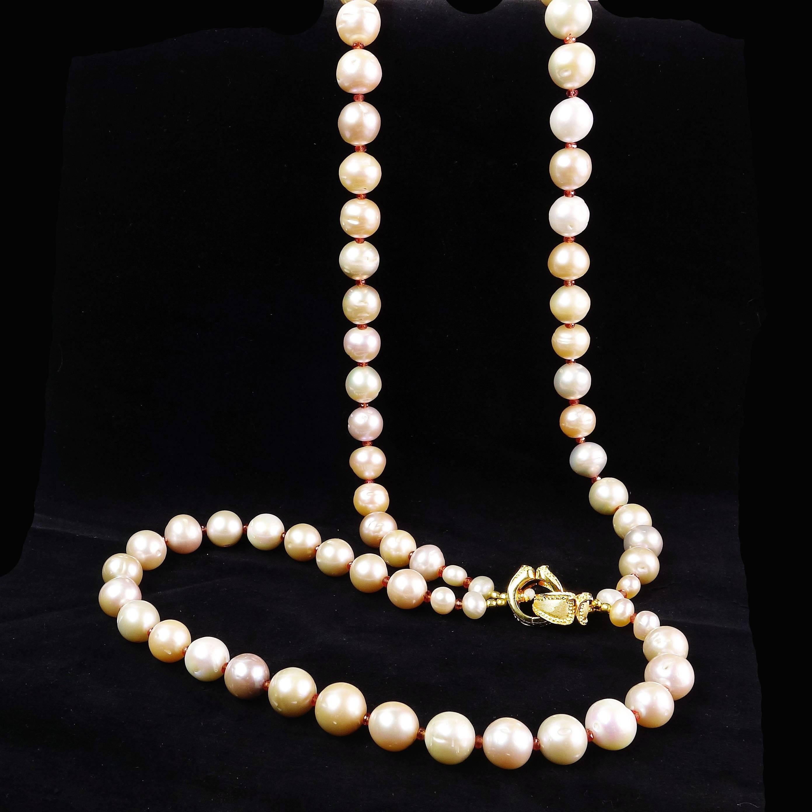 Artisan Two Strand Necklace of Lustrous Peachy Pearls & Orange Sapphires June Birthstone