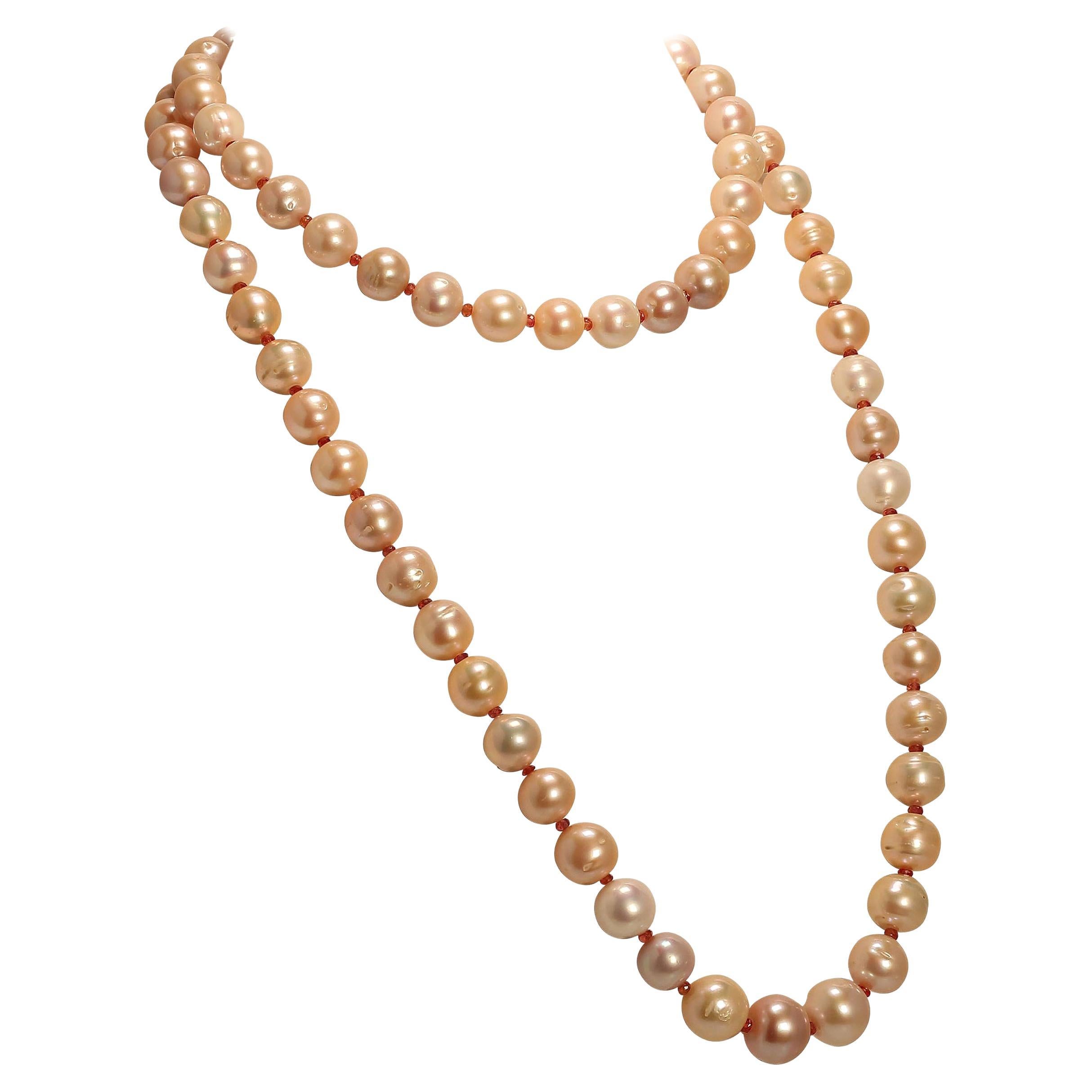 Two Strand Necklace of Lustrous Peachy Pearls & Orange Sapphires June Birthstone