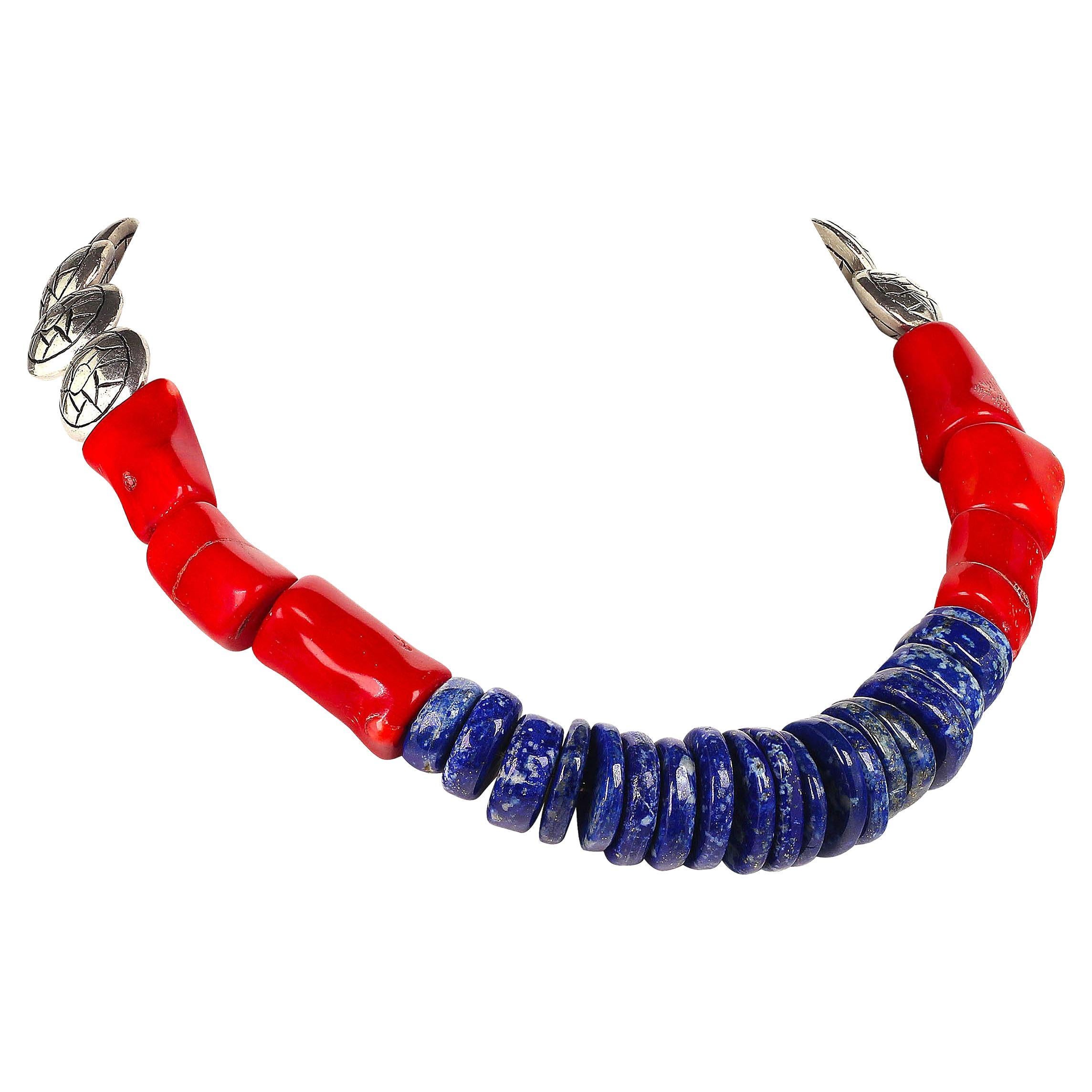 AJD Stunning Lapis Lazuli, Coral and Silver Necklace