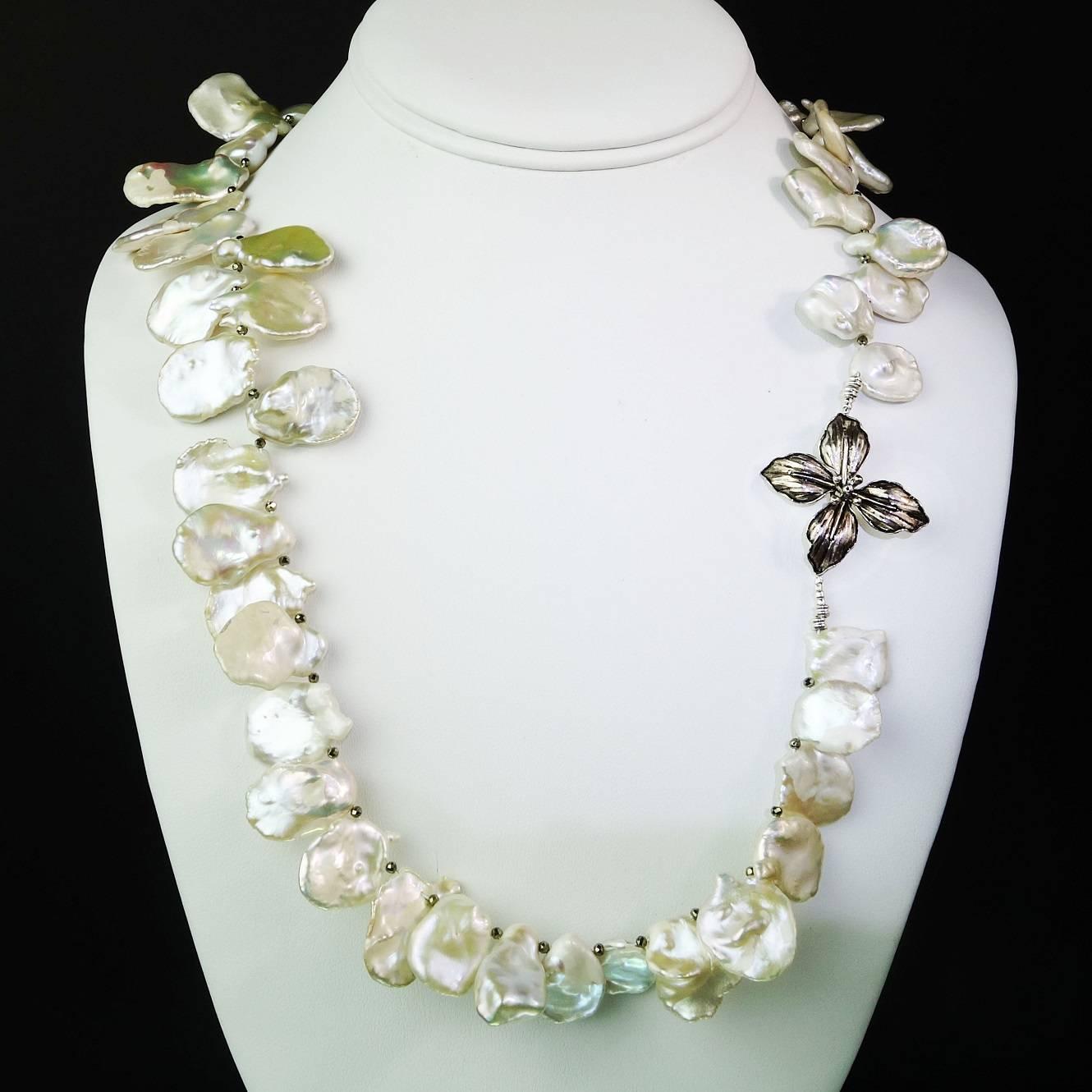 2 rows Cultured White Flower Keshi pearl Necklace 19" 
