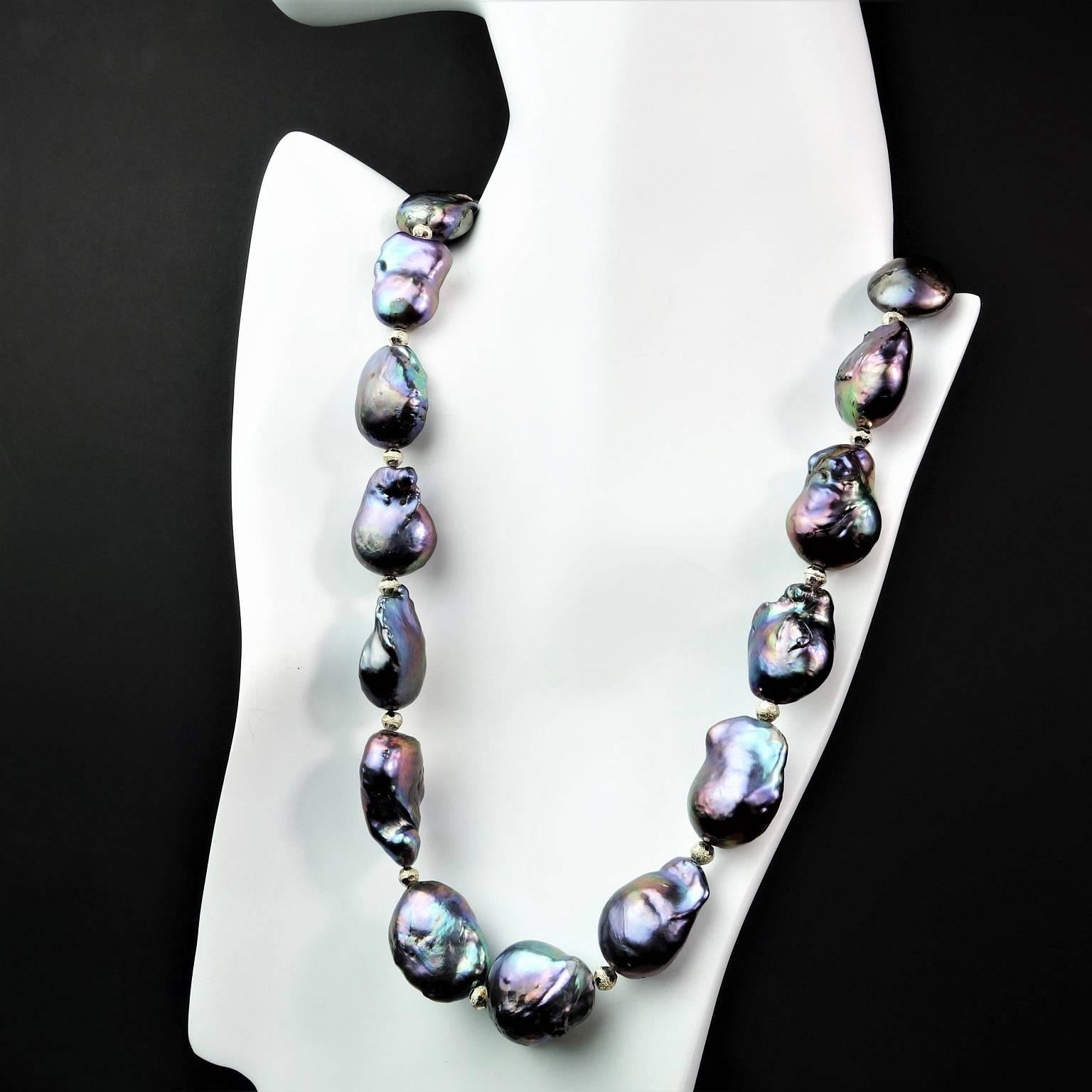 Natural pearlescent Lilac and Bluish Baroque Peacock Pearls with sparkly silver tone accents. Seed shows through the surface of one of the pearls, others are a bit imperfect, but the color is so fanatastic it makes up for having to adjust the pearls