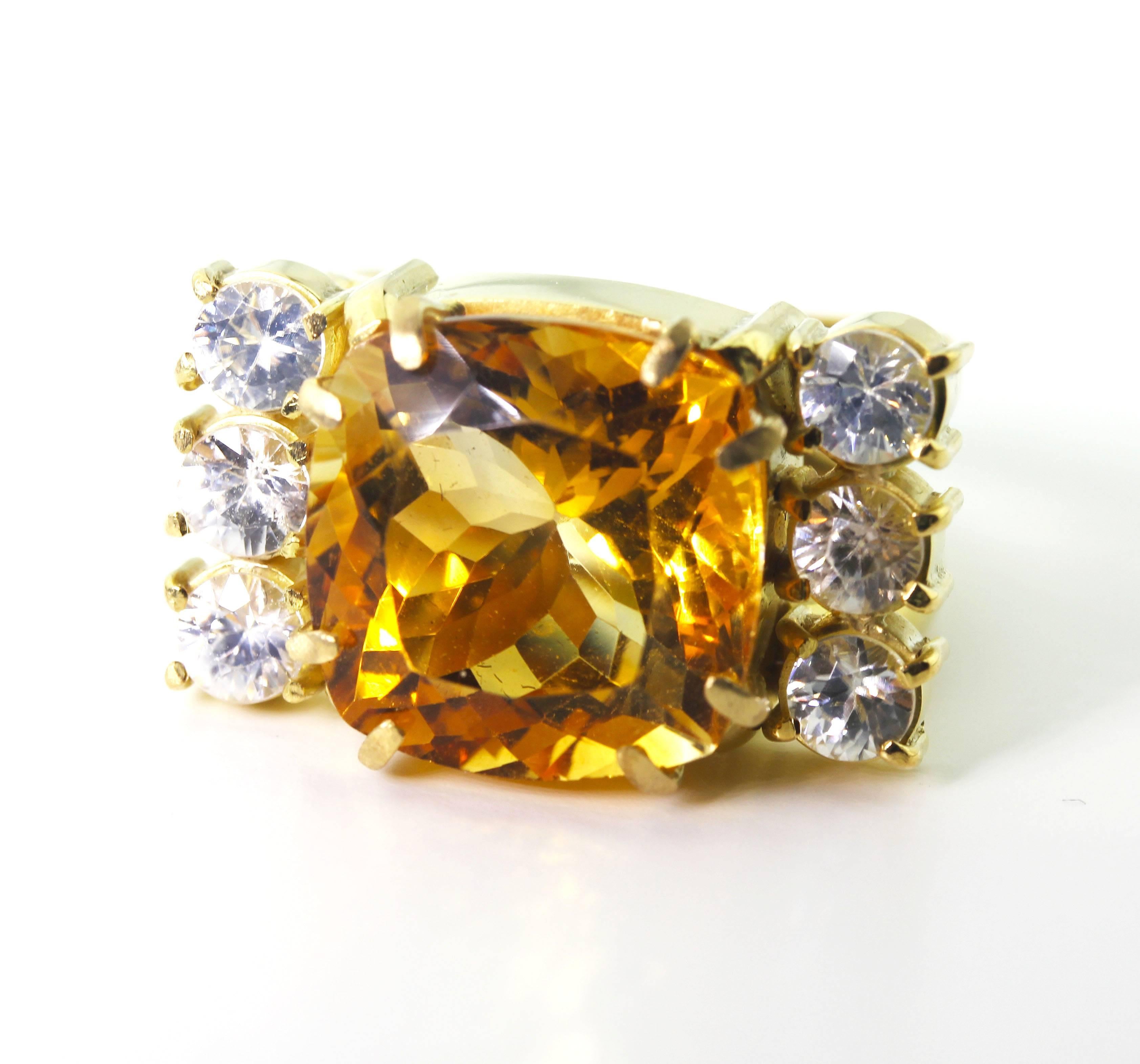 AJD Very Hollywood 11.5 Carat Golden Citrine & Sapphire 18Kt Gold Cocktail Ring For Sale 3