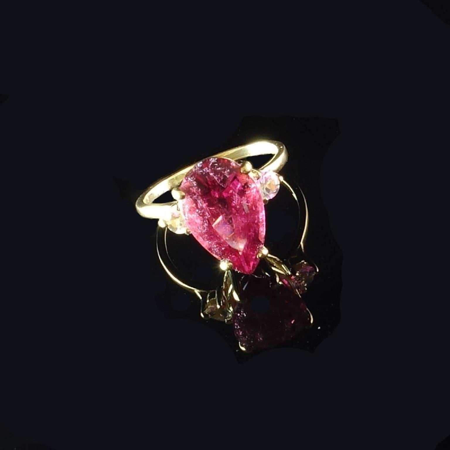 Women's AJD Pear Shape Rubelite & White Sapphires in Gold Ring For Sale