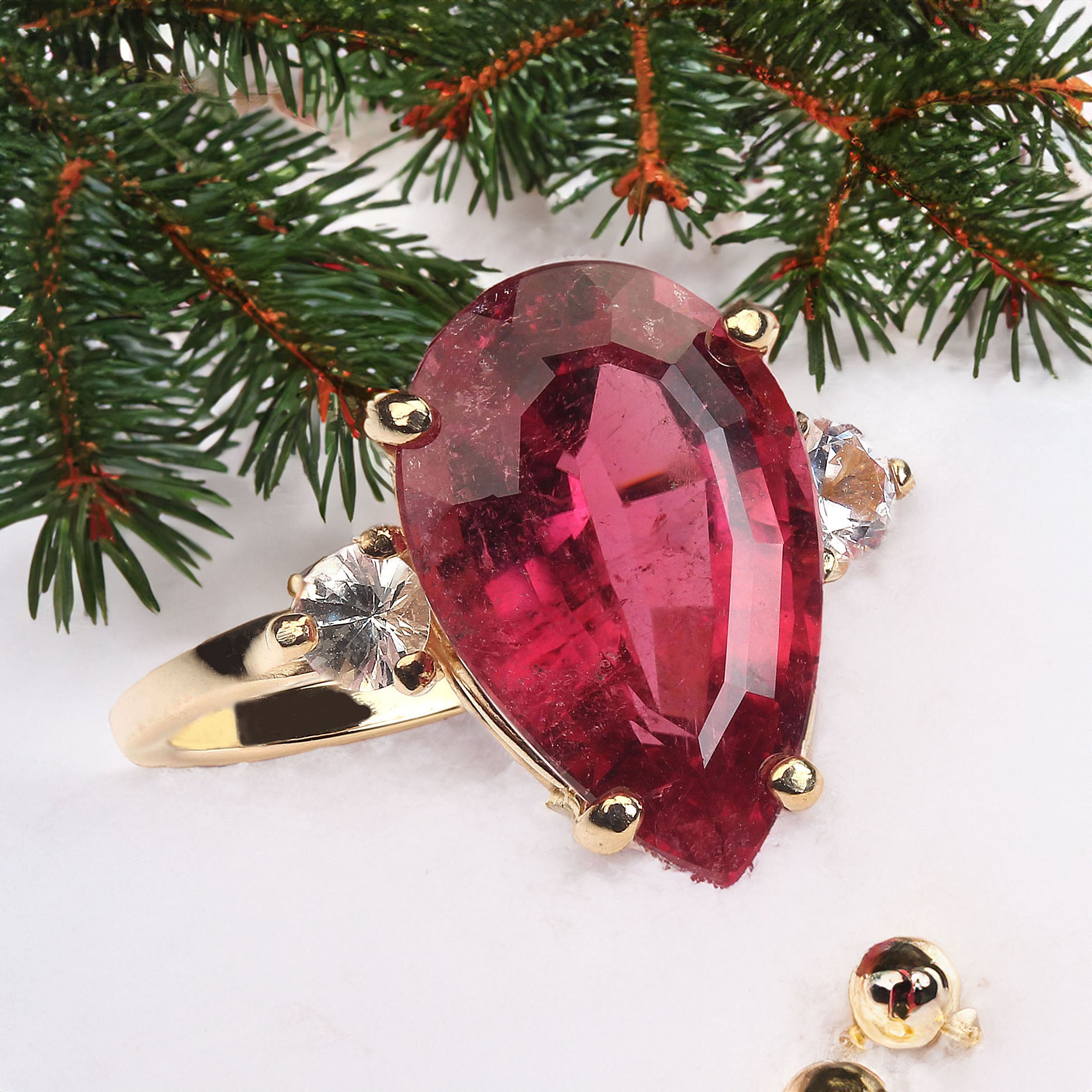 AJD Pear Shape Rubelite & White Sapphires in Gold Ring In New Condition For Sale In Raleigh, NC