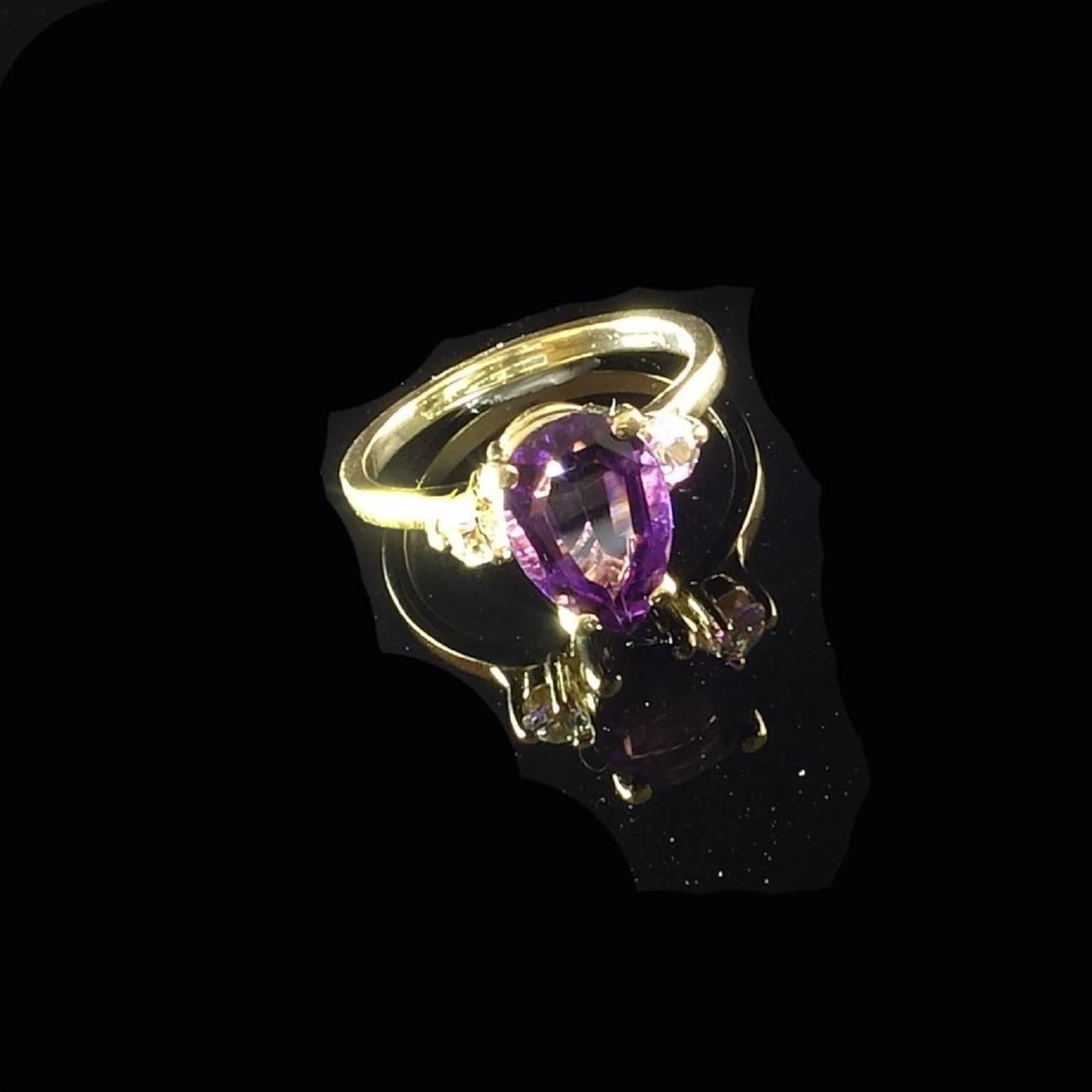  Pear Shape Amethyst and White Sapphires in Yellow Gold Ring February Birthstone In New Condition In Raleigh, NC