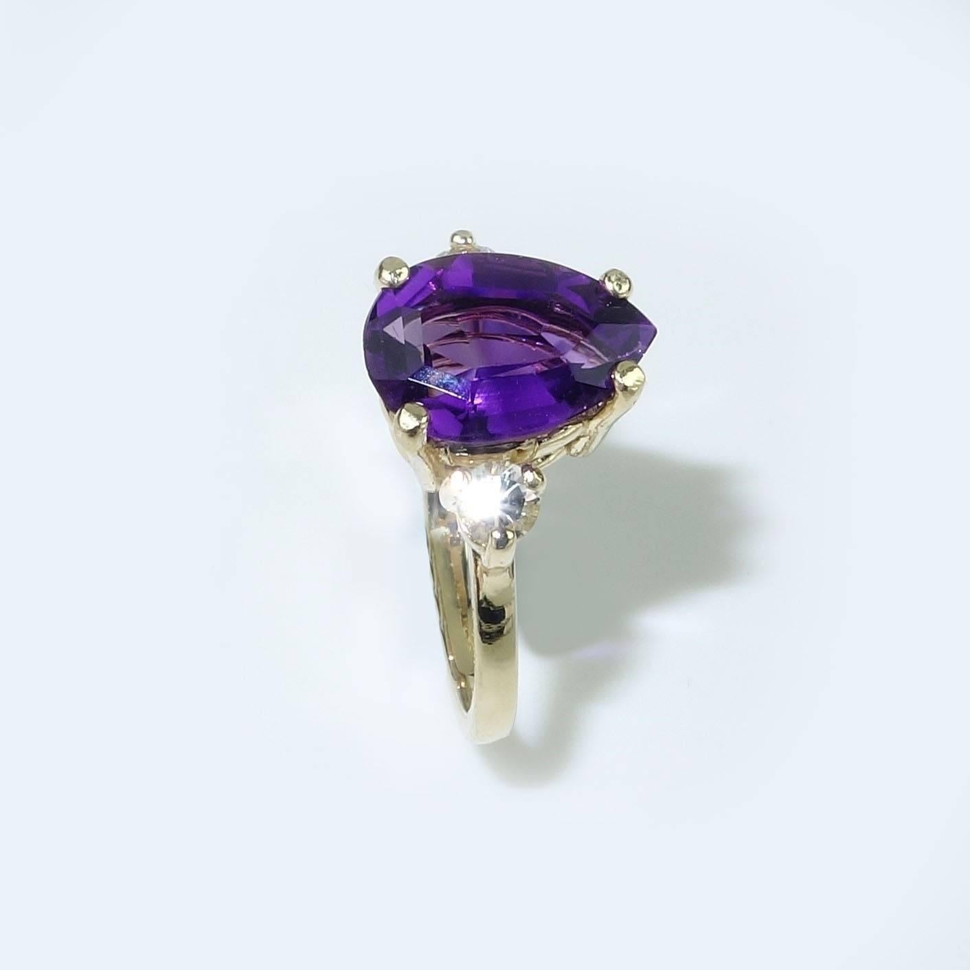 Women's  Pear Shape Amethyst and White Sapphires in Yellow Gold Ring February Birthstone