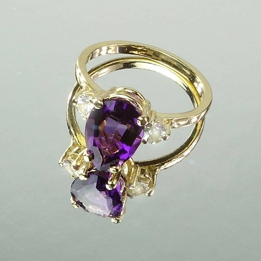  Pear Shape Amethyst and White Sapphires in Yellow Gold Ring February Birthstone 1