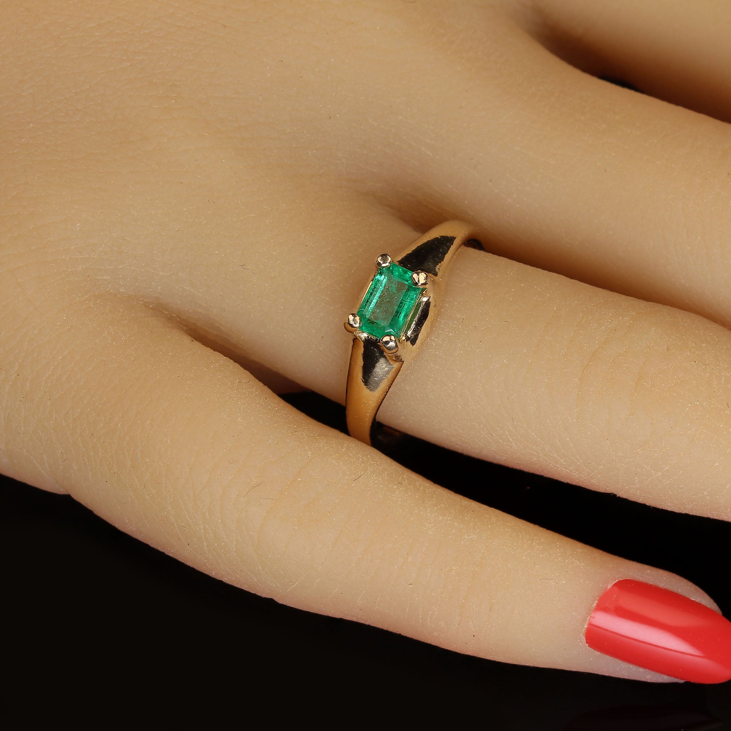 AJD Brazilian Emerald Cut Emerald in Yellow Gold Ring May Birthstone
