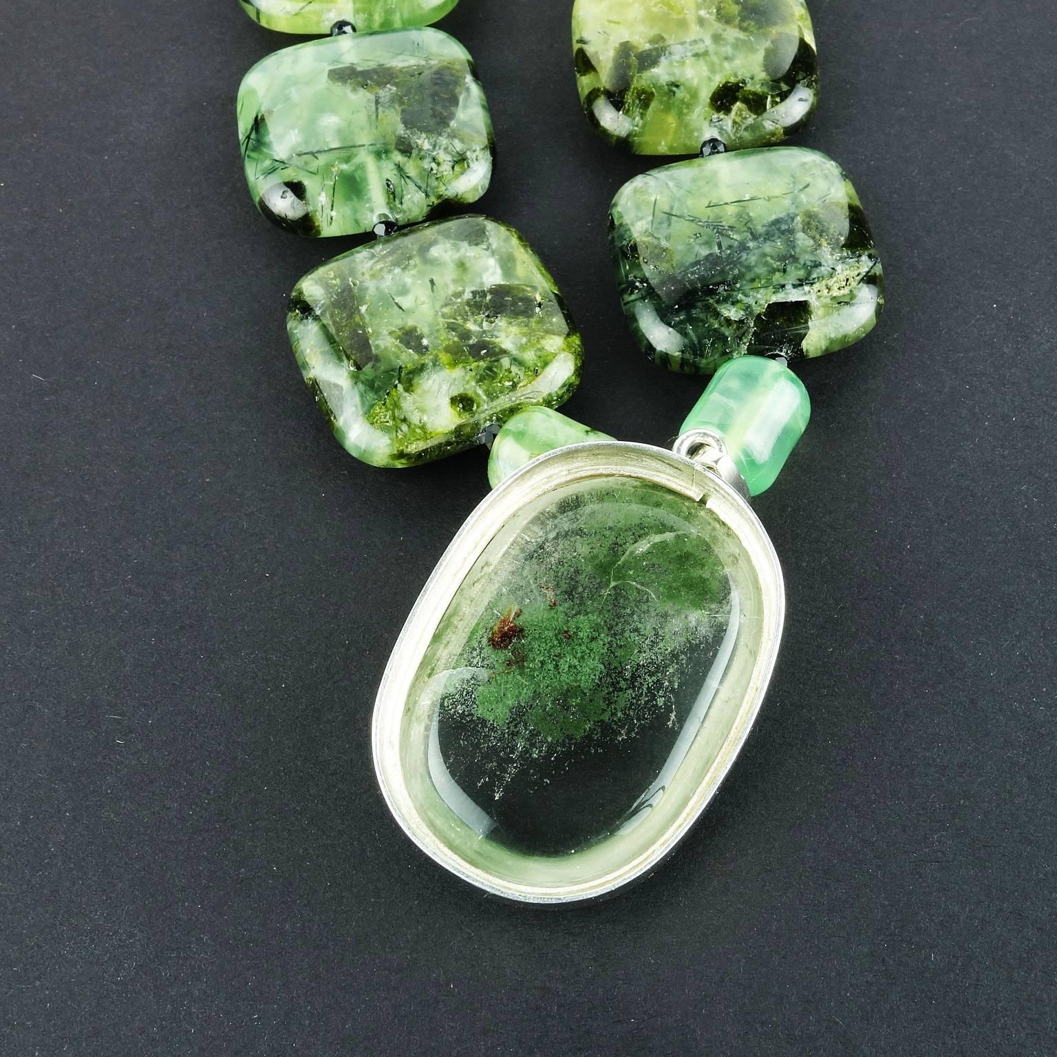 Artisan Gemjunky Statement Green Prehnite Necklace with Lodalite Pendant