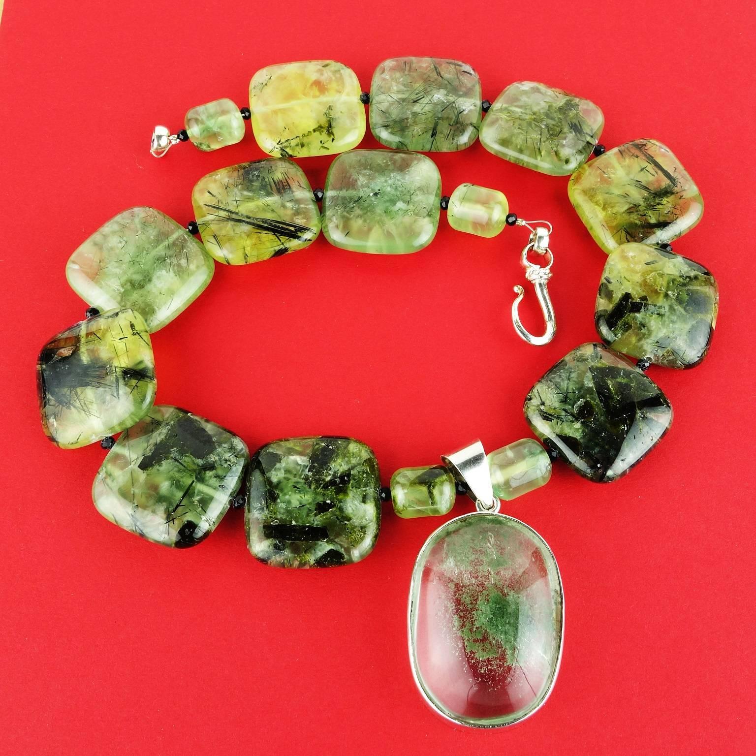 Bead Gemjunky Statement Green Prehnite Necklace with Lodalite Pendant