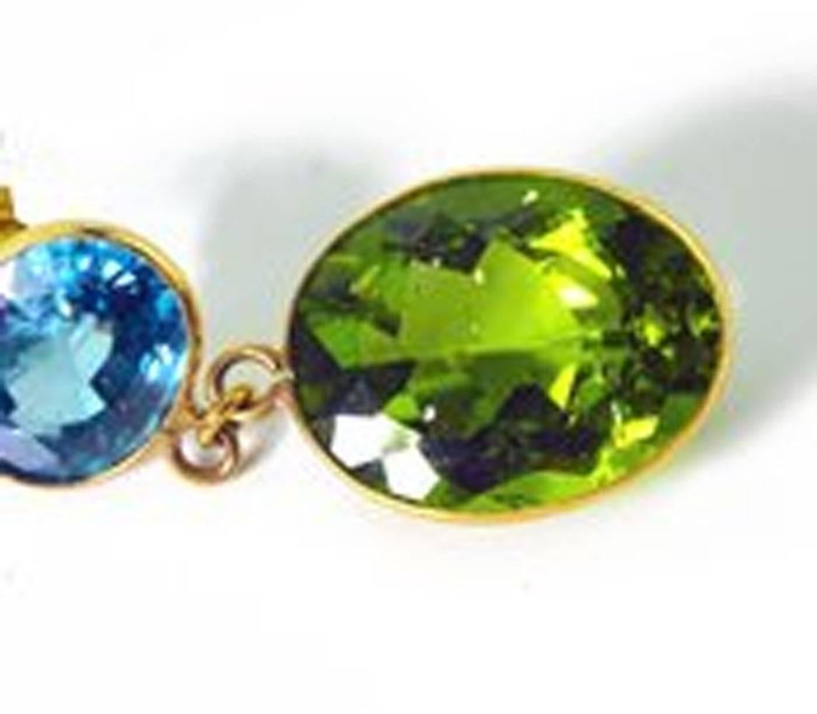AJD Brilliant 8.44 Cts Blue Zircon & 15.36Cts of Peridot 18Kt Gold Earrings In New Condition In Raleigh, NC