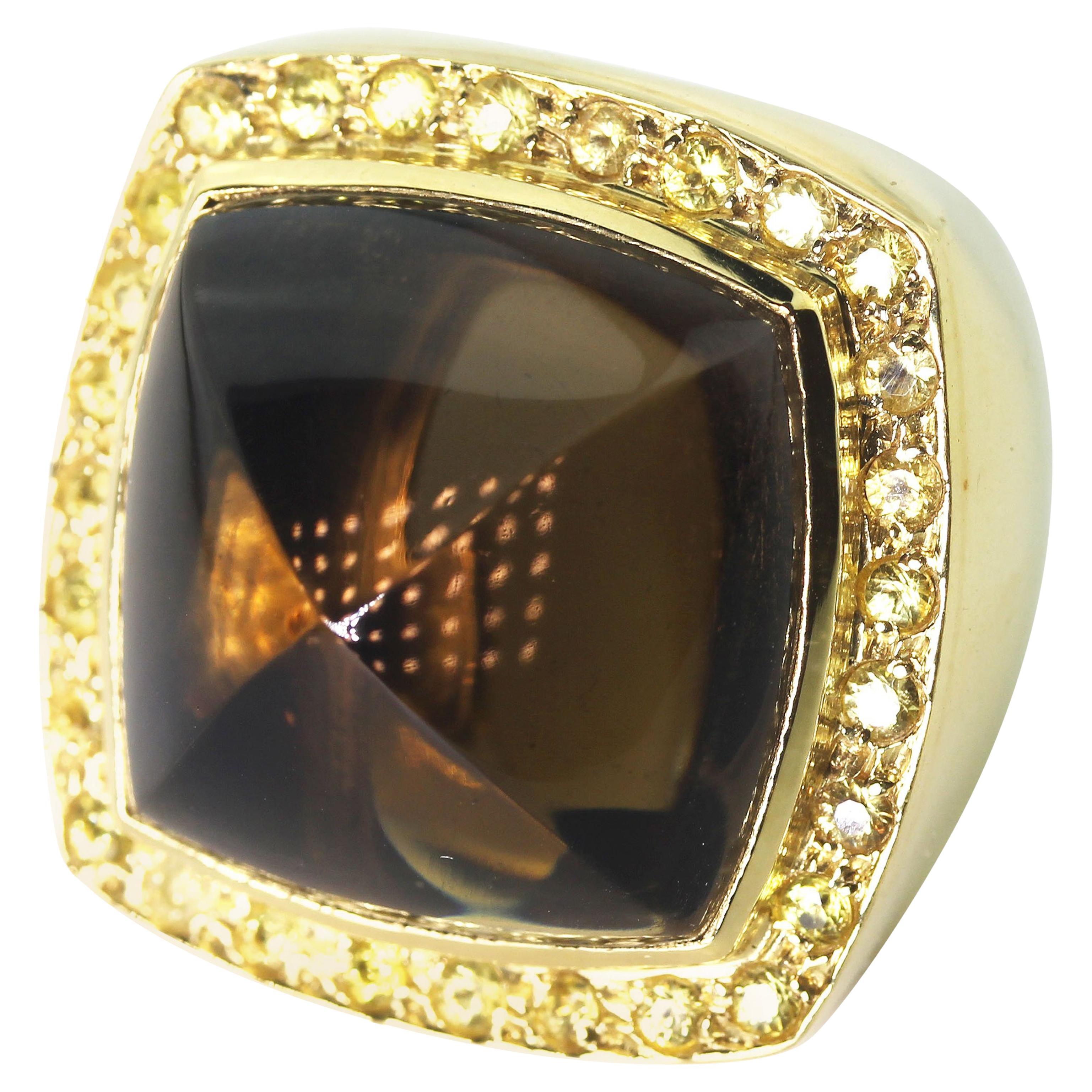 AJD HUGE STATEMENT MAKING Smoky Quartz and Sapphire 18 Karat Yellow Gold Ring