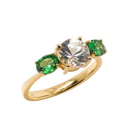 14K Yellow Gold White Sapphire and Green Tsavorite Ring, 1.65ct