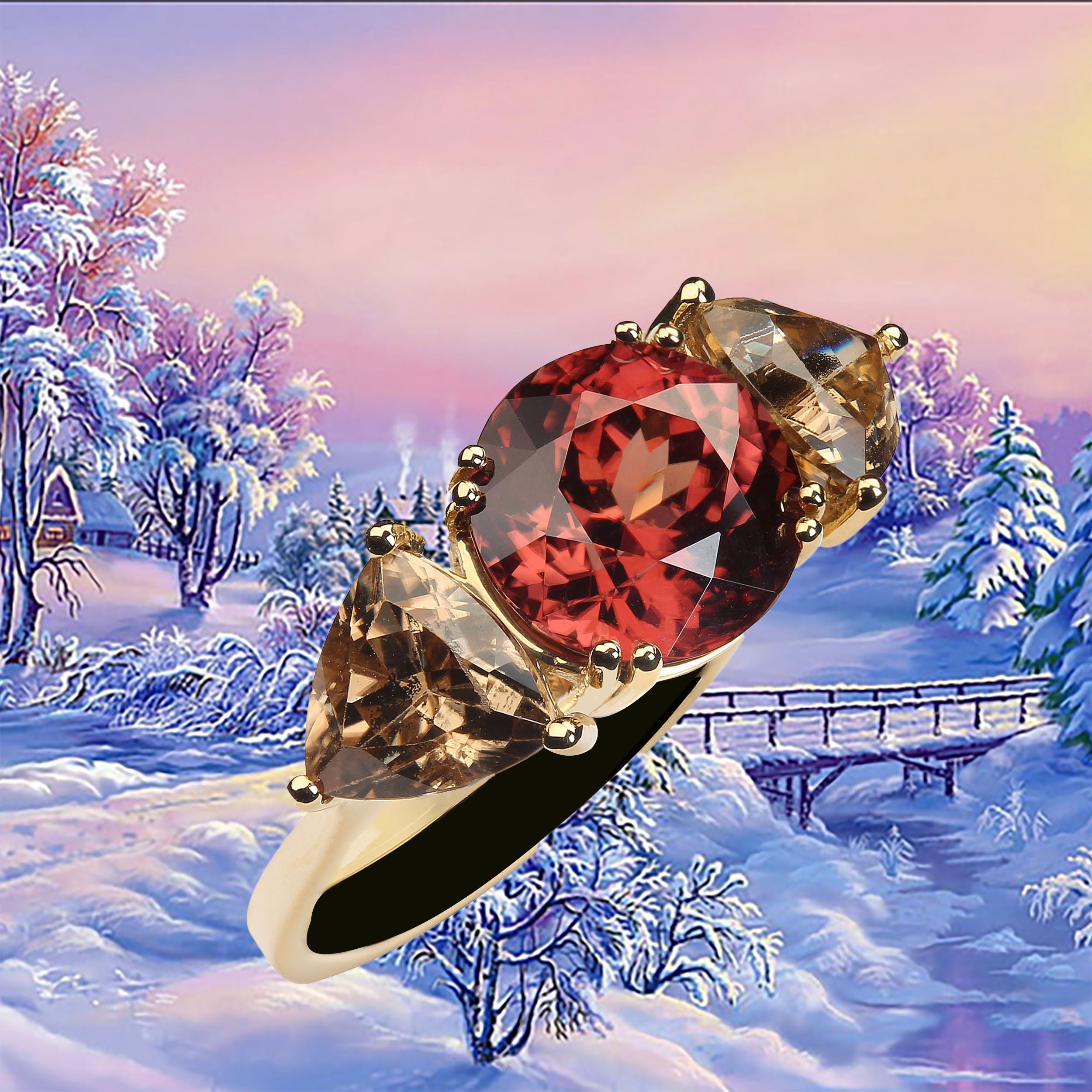 Round Cut AJD Elegant Red and Smoky Cambodian Zircon Dinner Ring in 14K Yellow gold For Sale