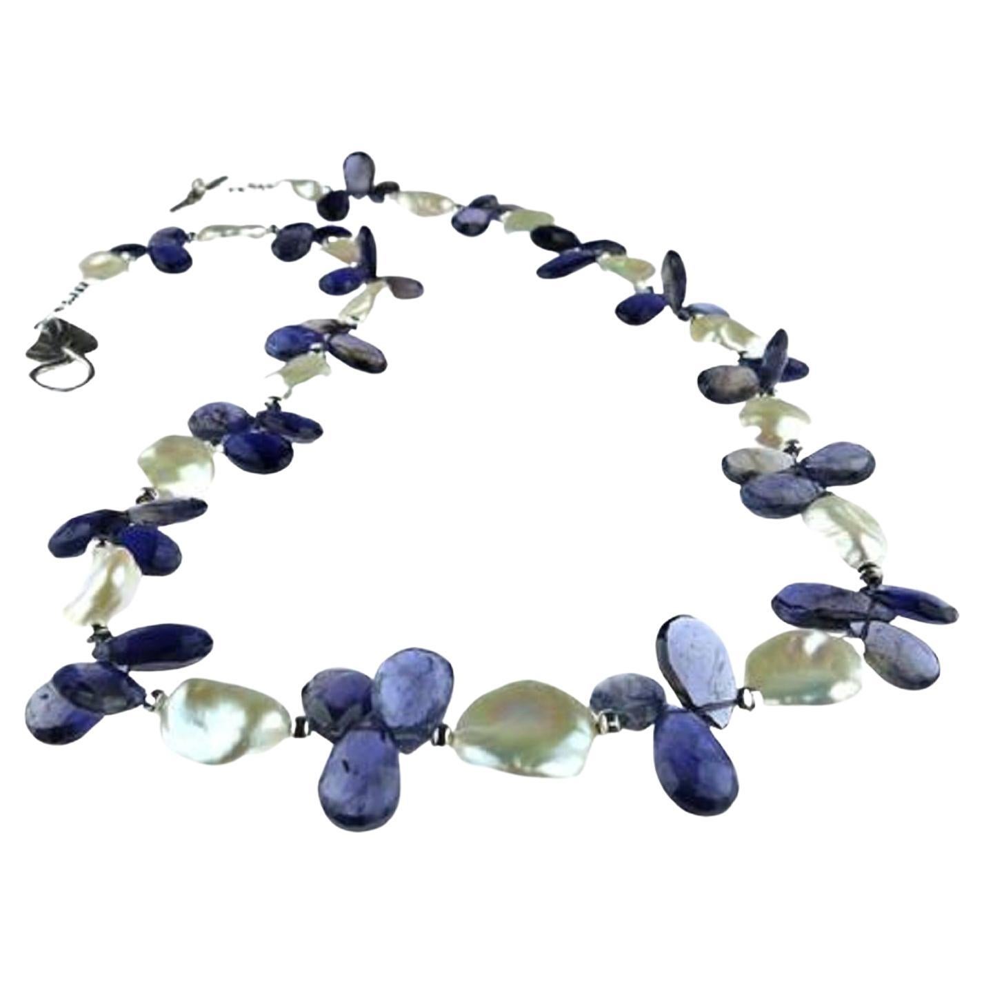 Women's AJD Keshi Pearl and Blue Iolite Briolette Necklace June Birthstone For Sale