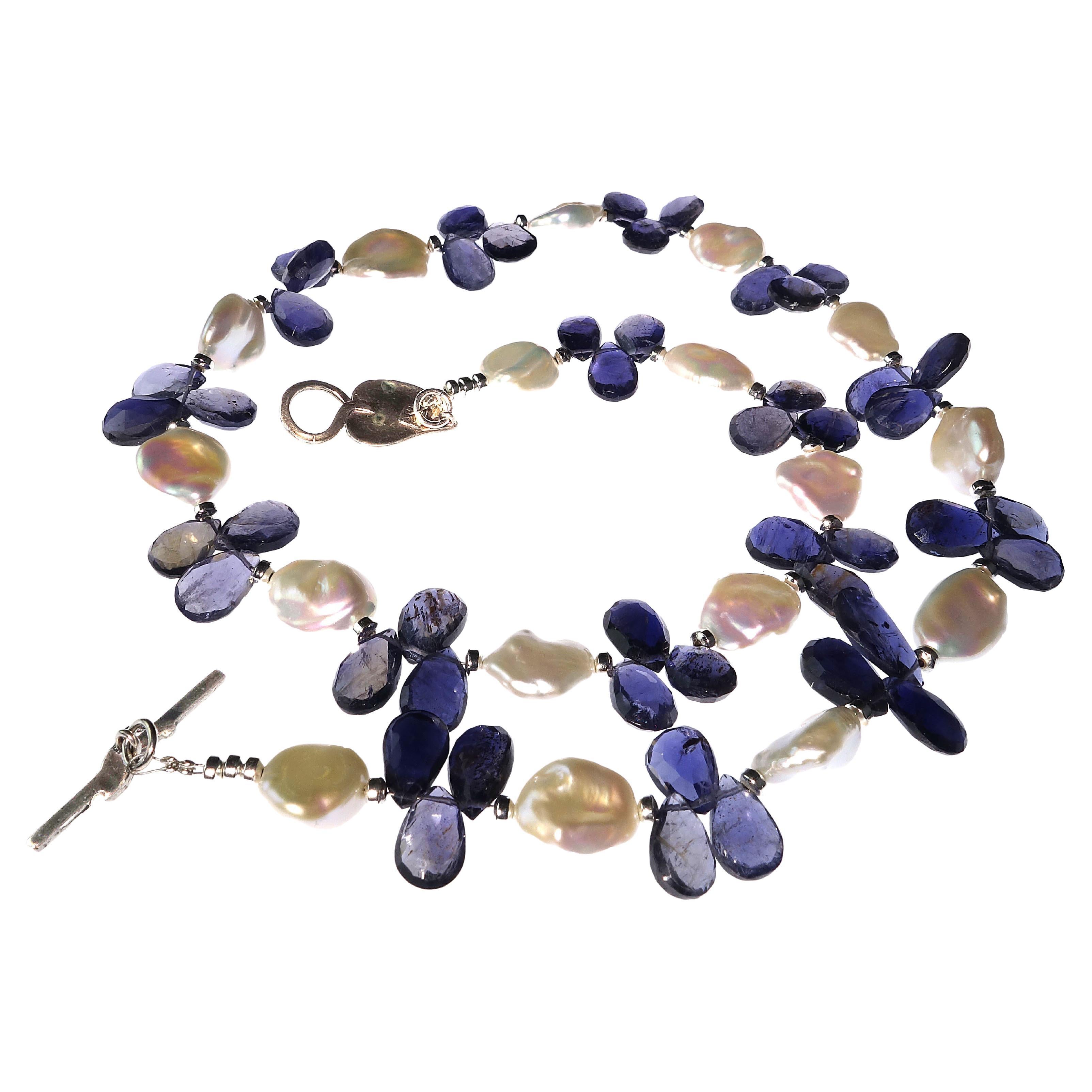 Artisan AJD Keshi Pearl and Blue Iolite Briolette Necklace June Birthstone For Sale