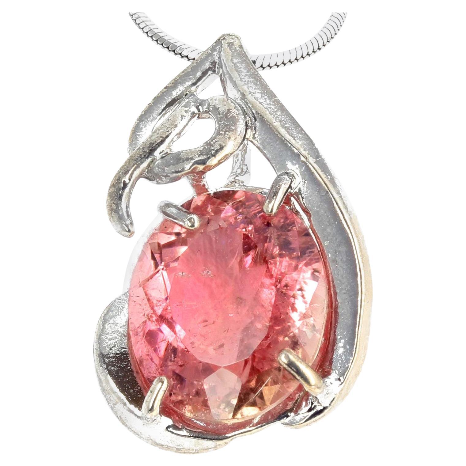 AJD Stunning 7 Cts Bright Pink/Apricot Natural Tourmaline Silver Pendant For Sale