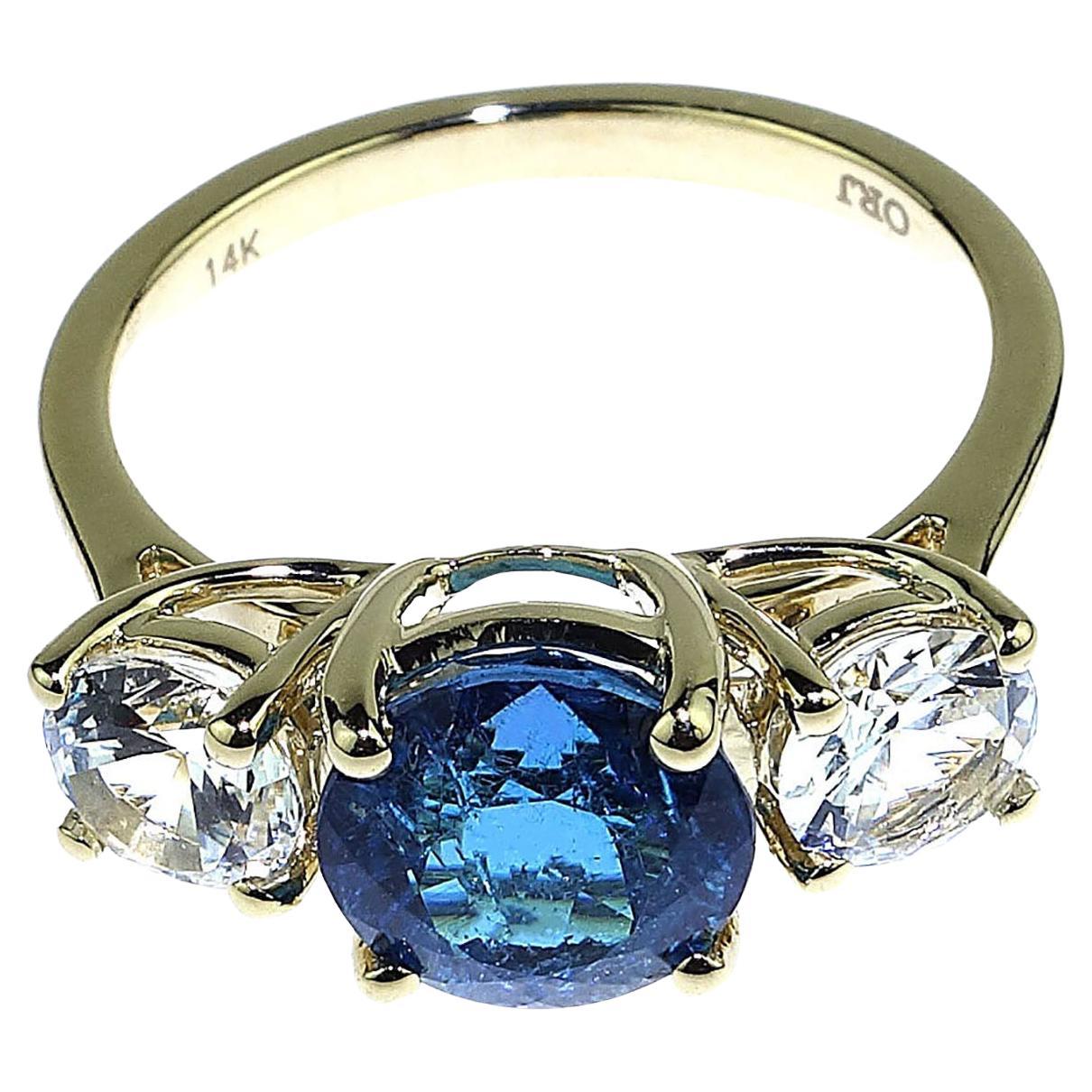 Round Cut AJD Blue Tourmaline and White Cambodian Zircon Cocktail Ring For Sale