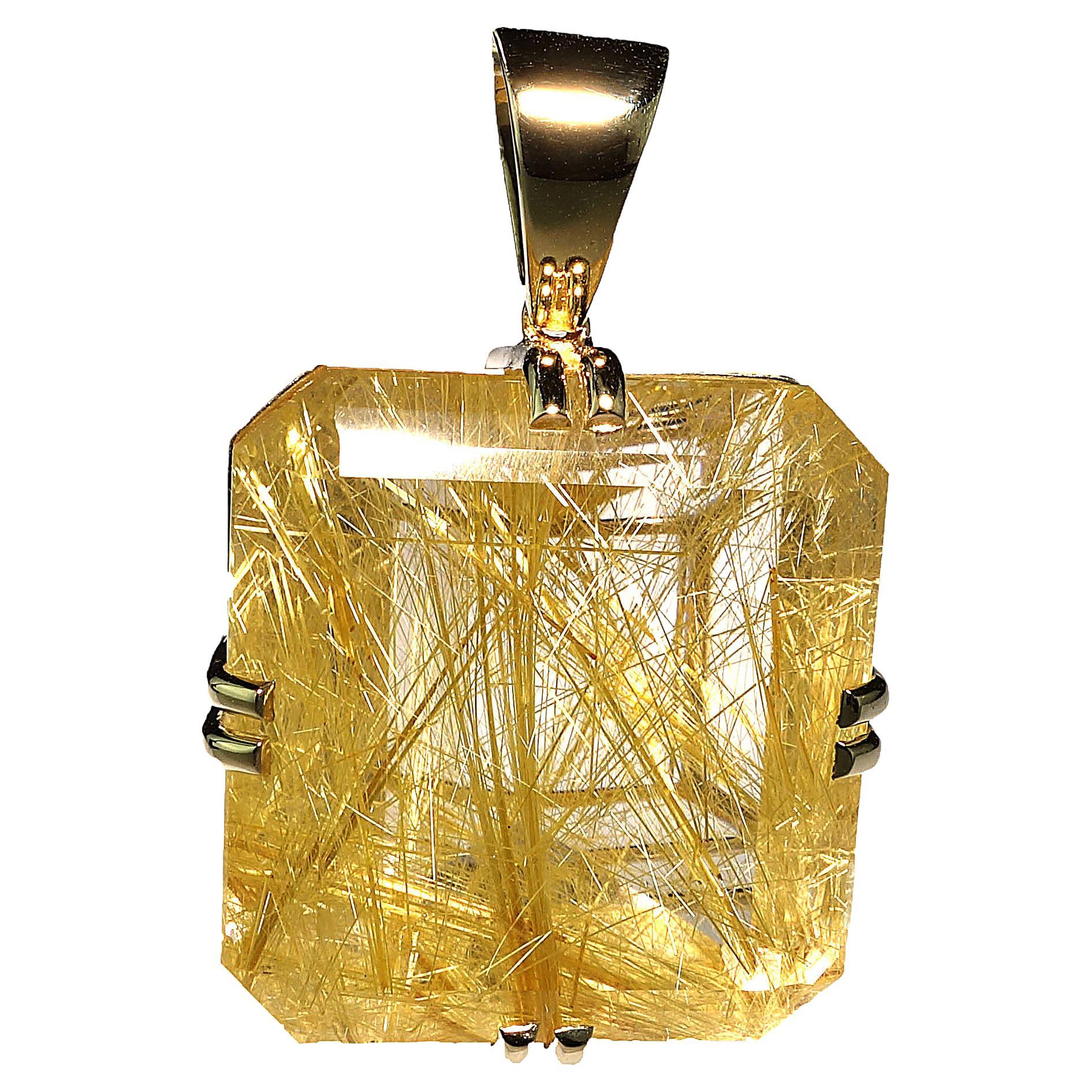 AJD Magnificent Huge Rutilated Quartz in Yellow Gold Pendant