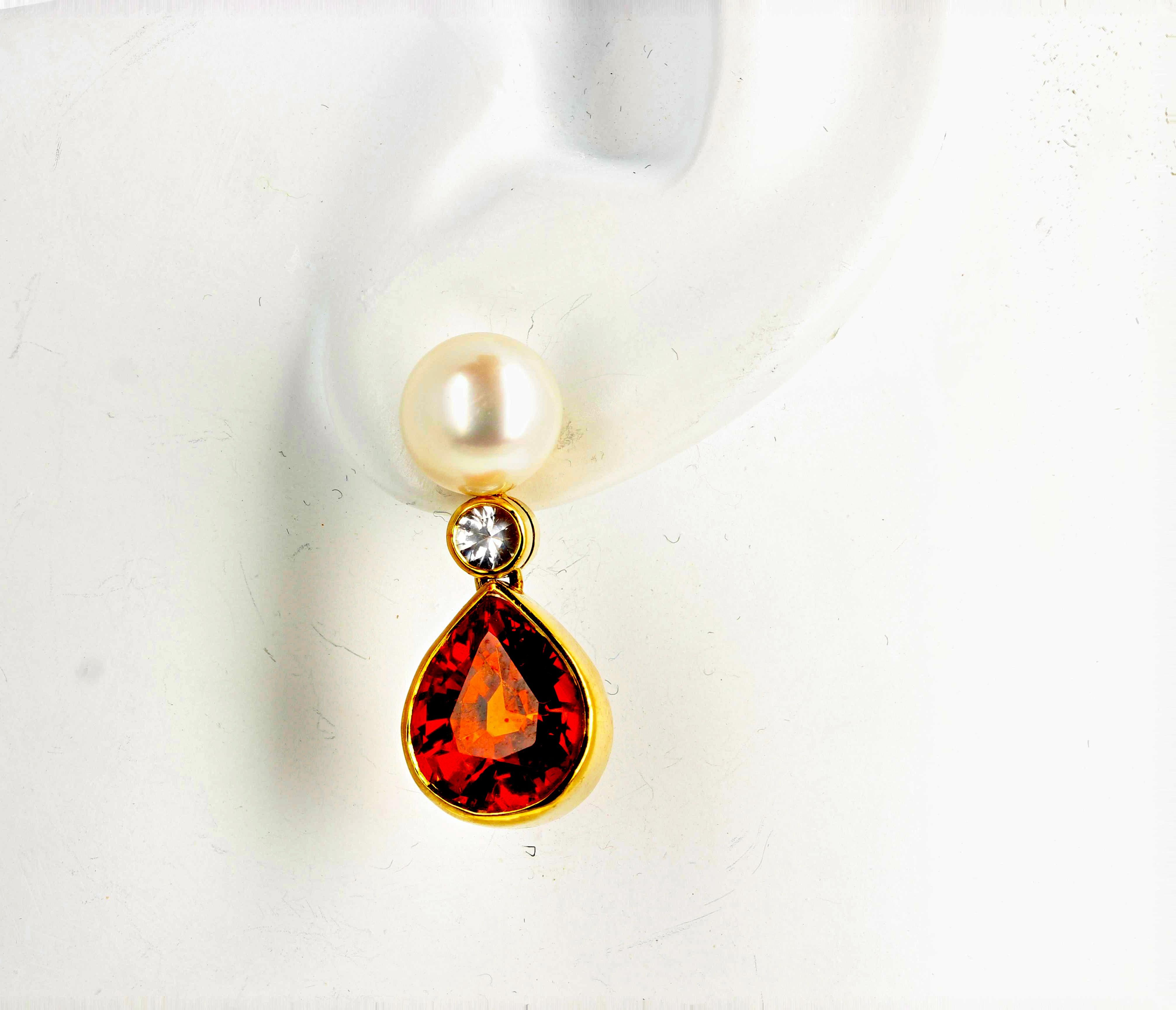 Exotic Pearl, Diamond &Glittering Orangy Spessartite Garnet Gold Dangle Earrings 2