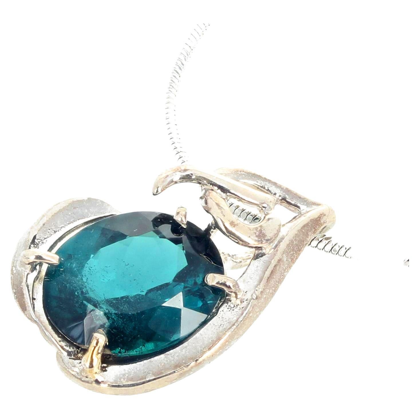 AJD Stunning 5.5 Cts Bluegreen Glittering Tourmaline Sterling Silver Pendant  For Sale