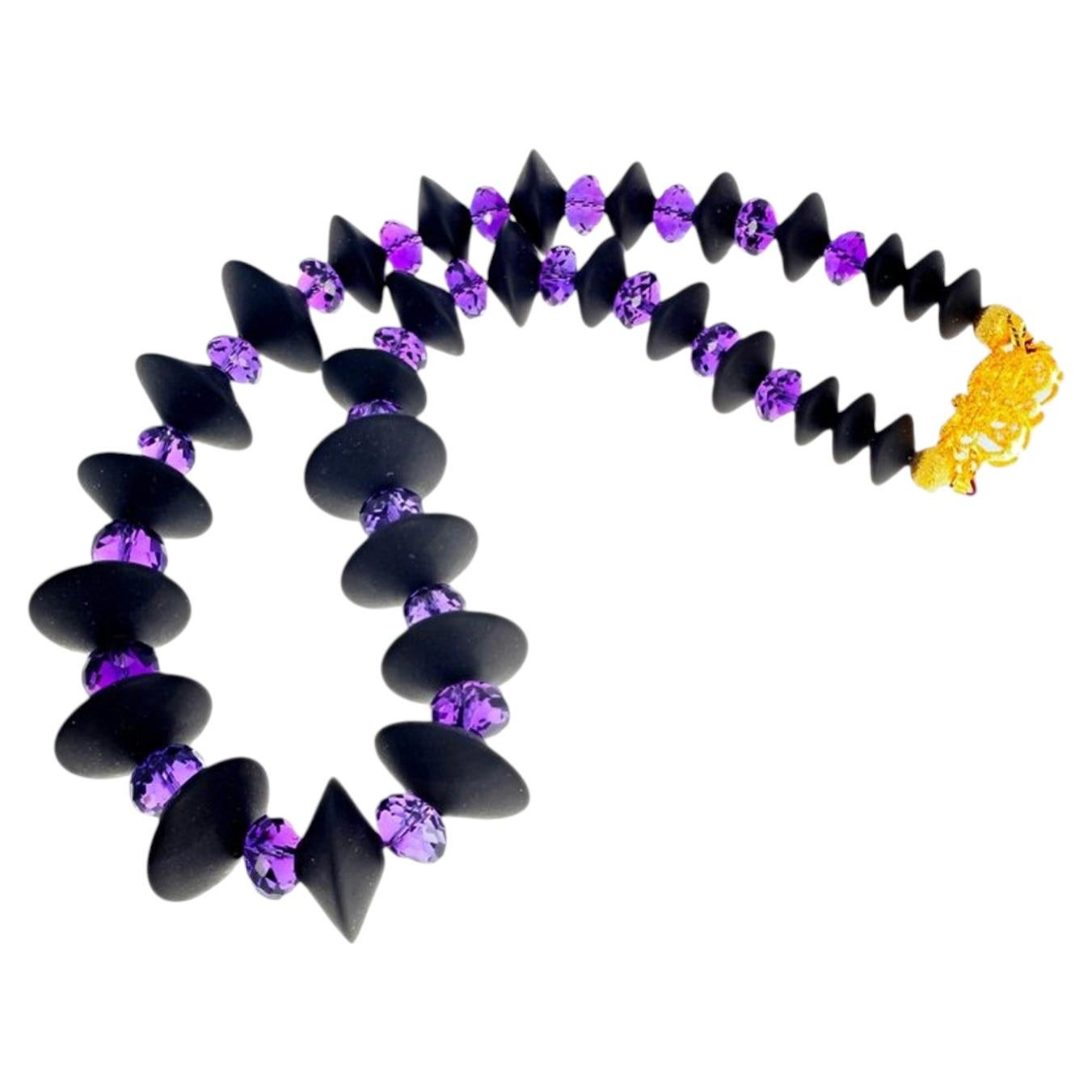 AJD Dramatic Black Onyx & REAL Sparkling Purple Amethyst 15" Necklace For Sale
