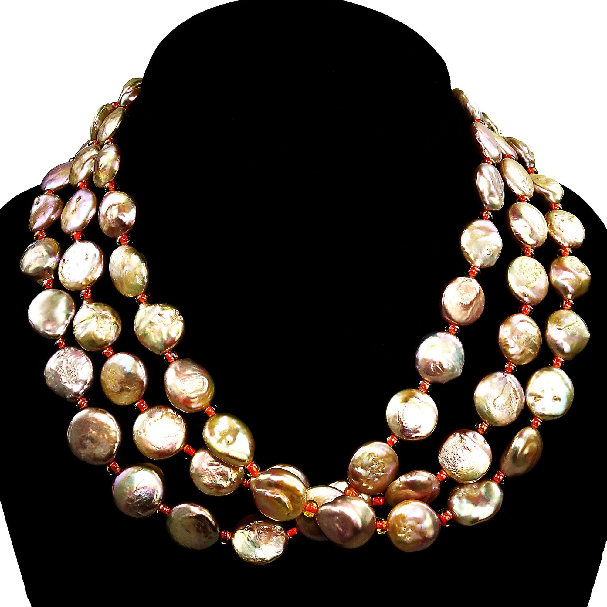 AJD - Collier à trois rangs de perles en forme de pièce de monnaie, couleur pêche/rose (pierre de naissance de juin)  Excellent cadeau en vente