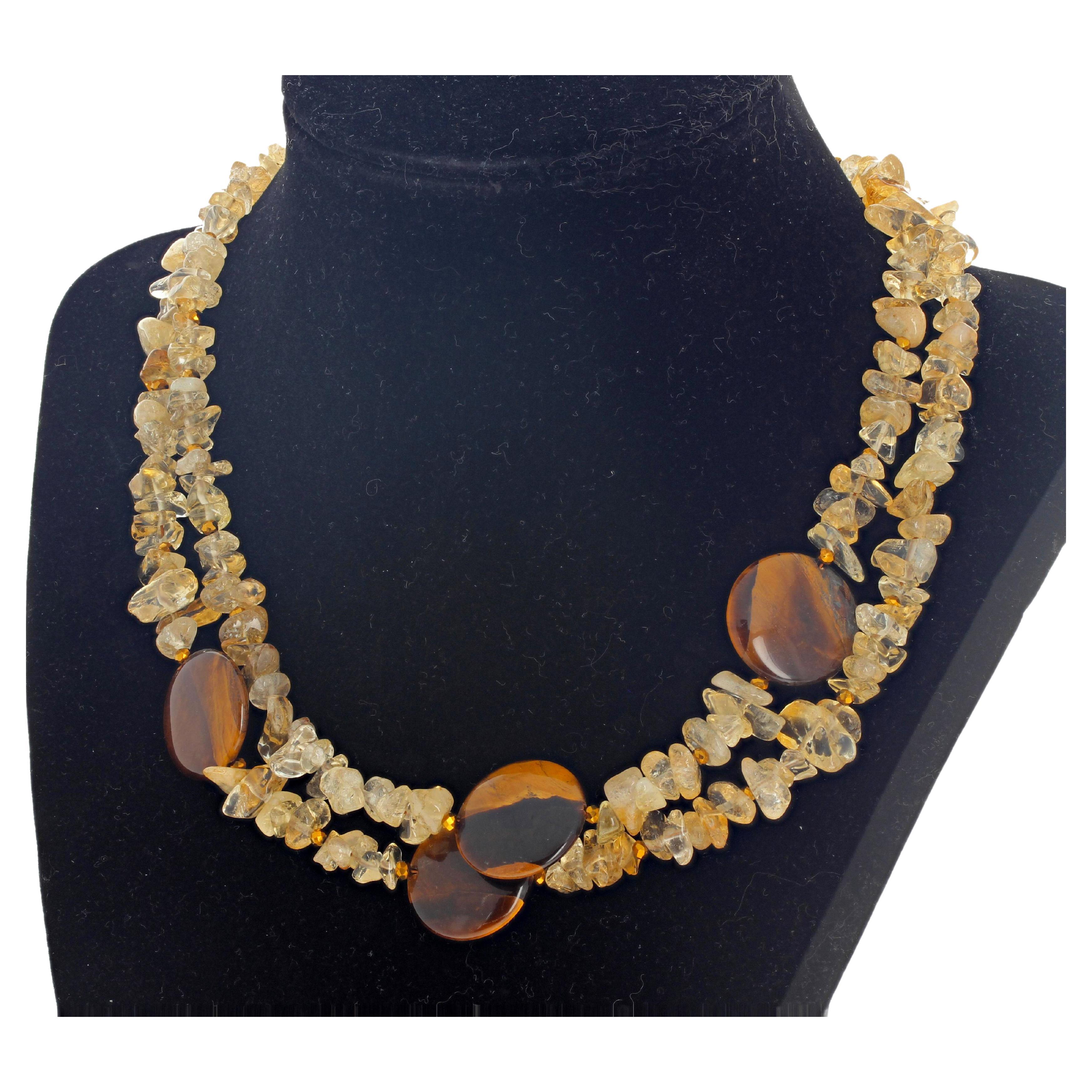 This double strand necklace is composed of highly polished chips and chunks of natural Citrine gemstones enhanced with unevenly placed highly polished real Tiger Eye 